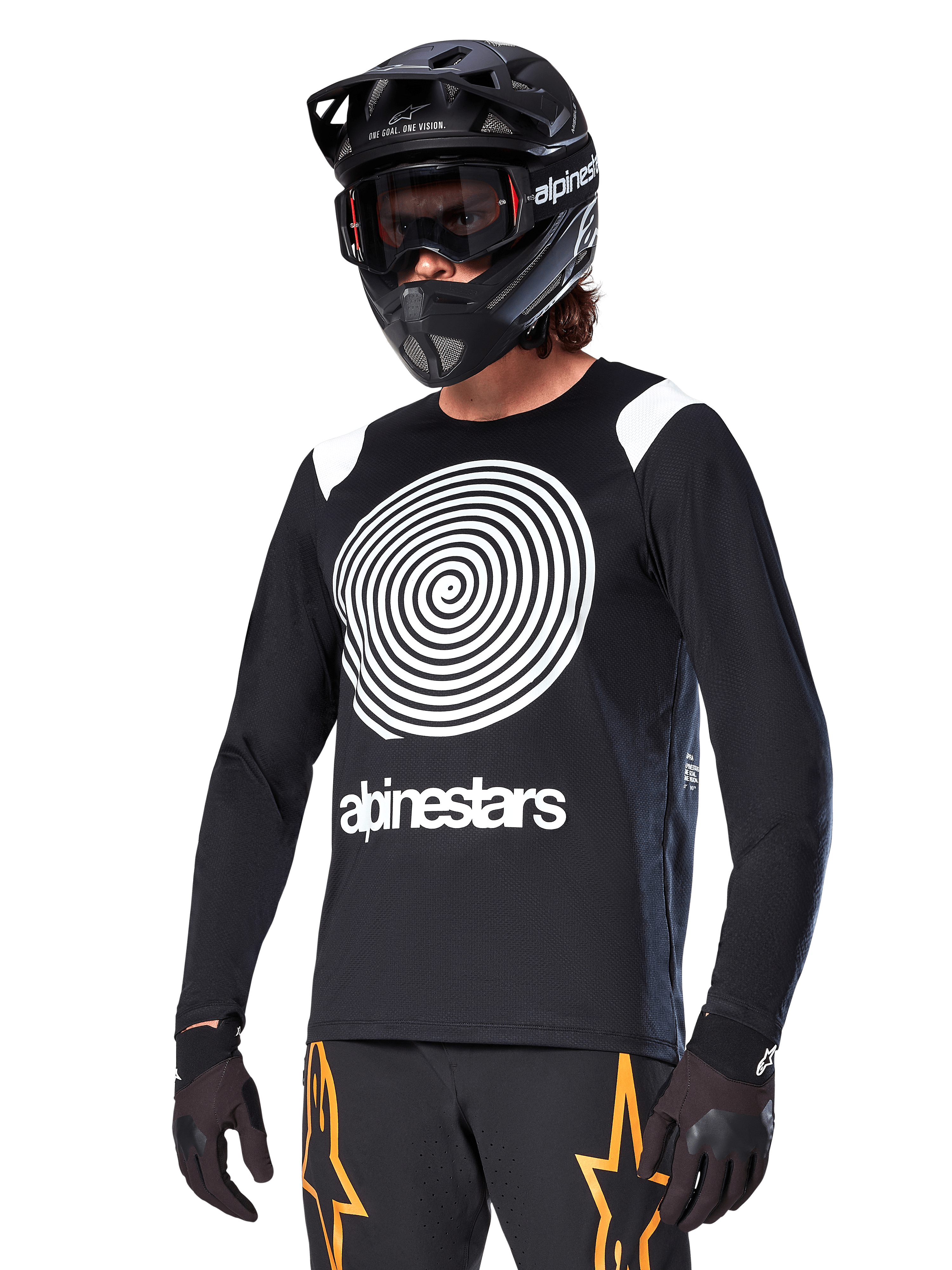 Alpinestars A-Supra Oscar Long Sleeve Jersey, MTB Cycling Jersey, Black and White, featuring a bold white spiral design and Alpinestars logo on the chest, worn with a black full-face helmet and goggles, performance mountain biking apparel