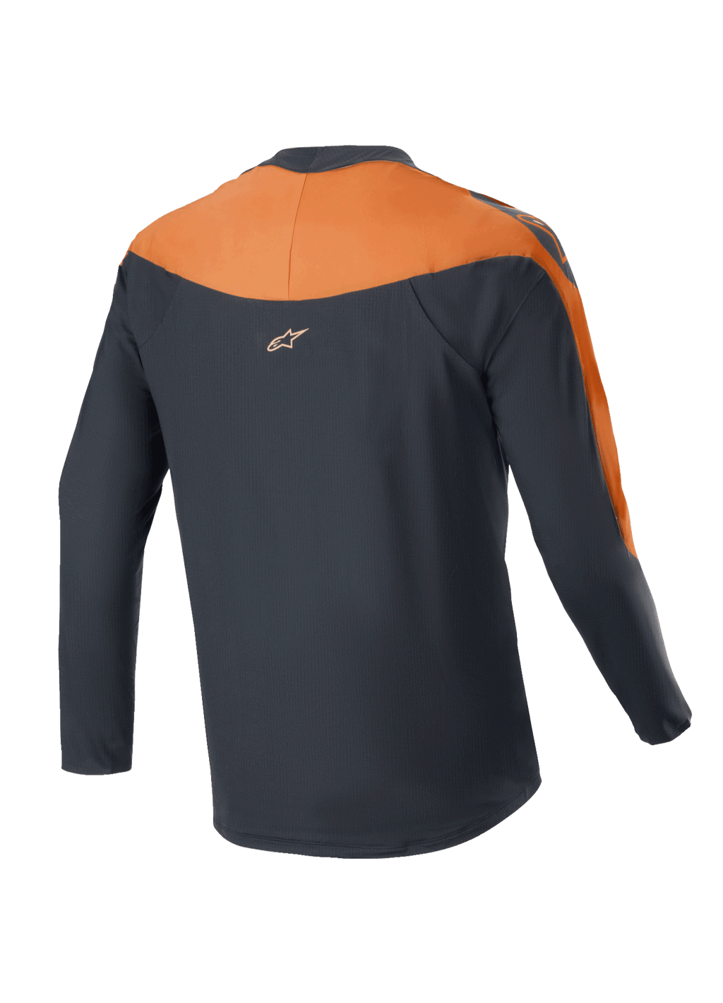 Alpinestars A-Supra Race Jersey - langærmet, MTB-trøje, sort og orange, set bagfra med orange paneler på skuldre og ærmer, lille Alpinestars-logo på øverste del af ryggen, forlænget rygstykke for optimal dækning under cykling