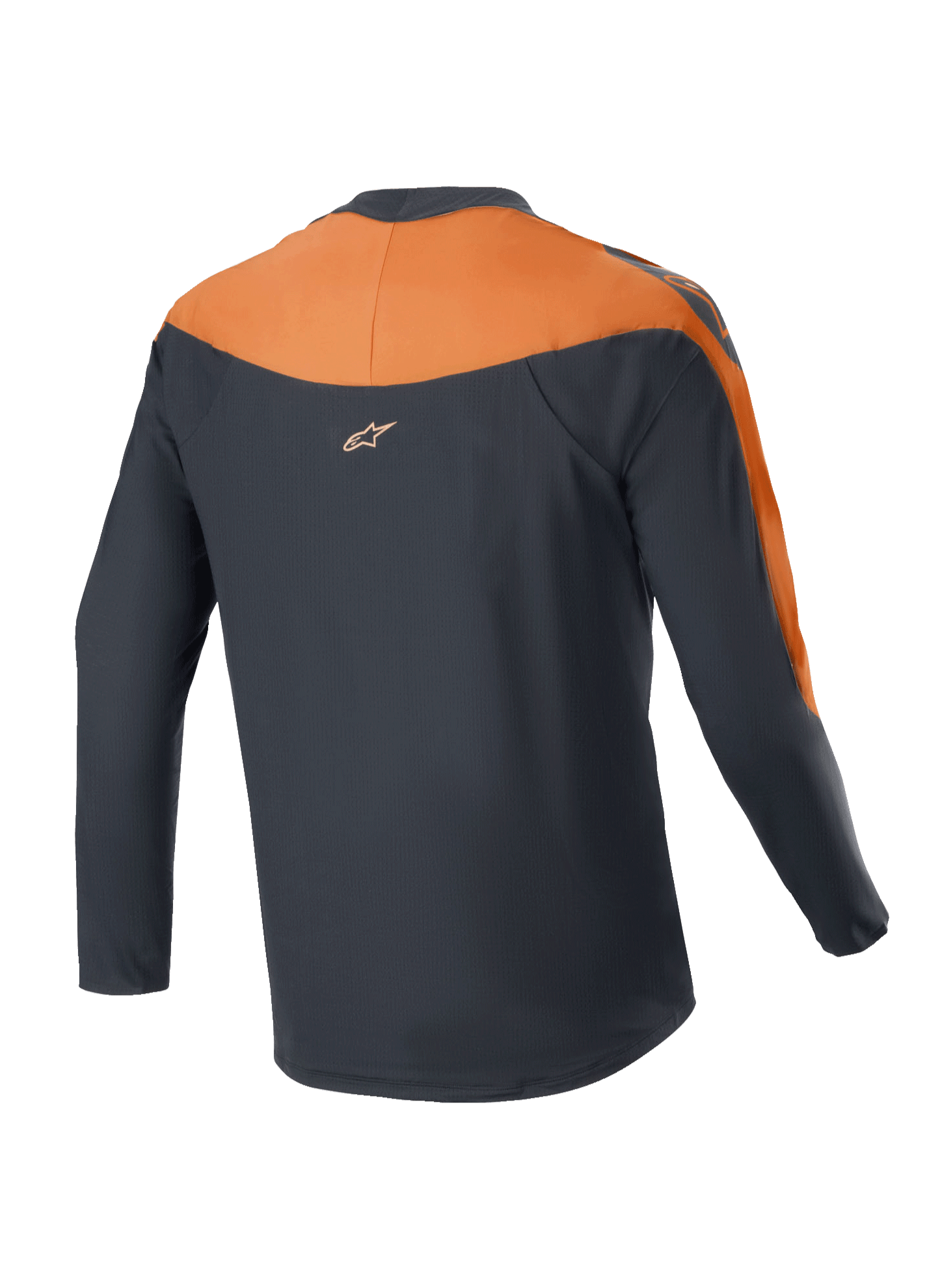 Alpinestars A-Supra Race Jersey - langærmet, MTB-trøje, sort og orange, set bagfra med orange paneler på skuldre og ærmer, lille Alpinestars-logo på øverste del af ryggen, forlænget rygstykke for optimal dækning under cykling