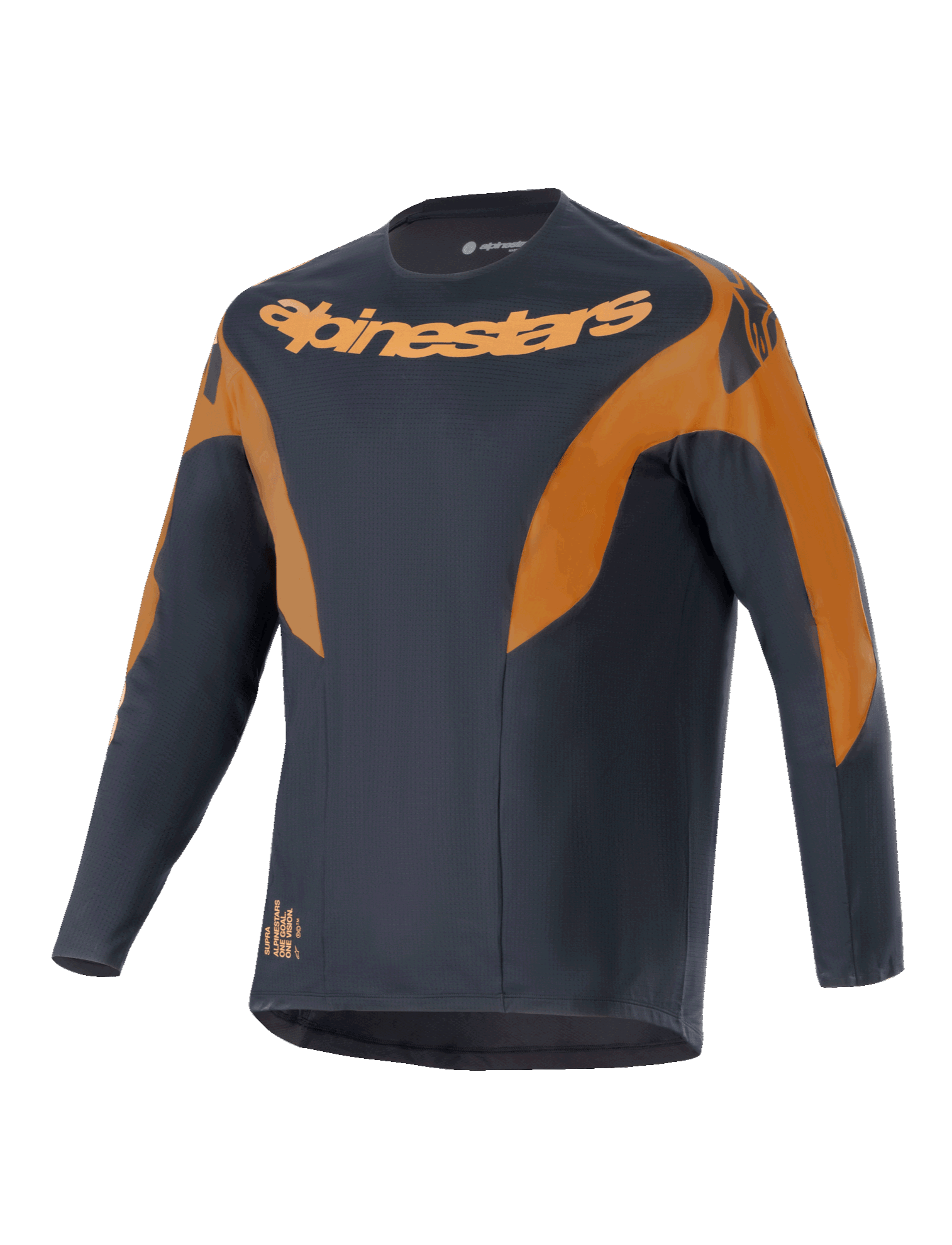 Alpinestars A-Supra Race Jersey, langærmet MTB-trøje, sort med orange detaljer, markant Alpinestars-logo på brystet og skuldrene, mikroperforeret polyesterstof, racerinspireret design