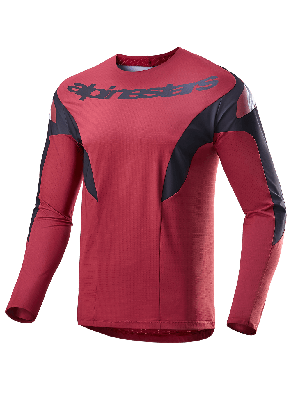 Alpinestars A-Supra Race trøje, langærmet MTB-trøje, bordeauxrød med sorte sidepaneler og hvide detaljer, Alpinestars-logo på brystet, let mikroperforeret materiale til mountainbike-racing