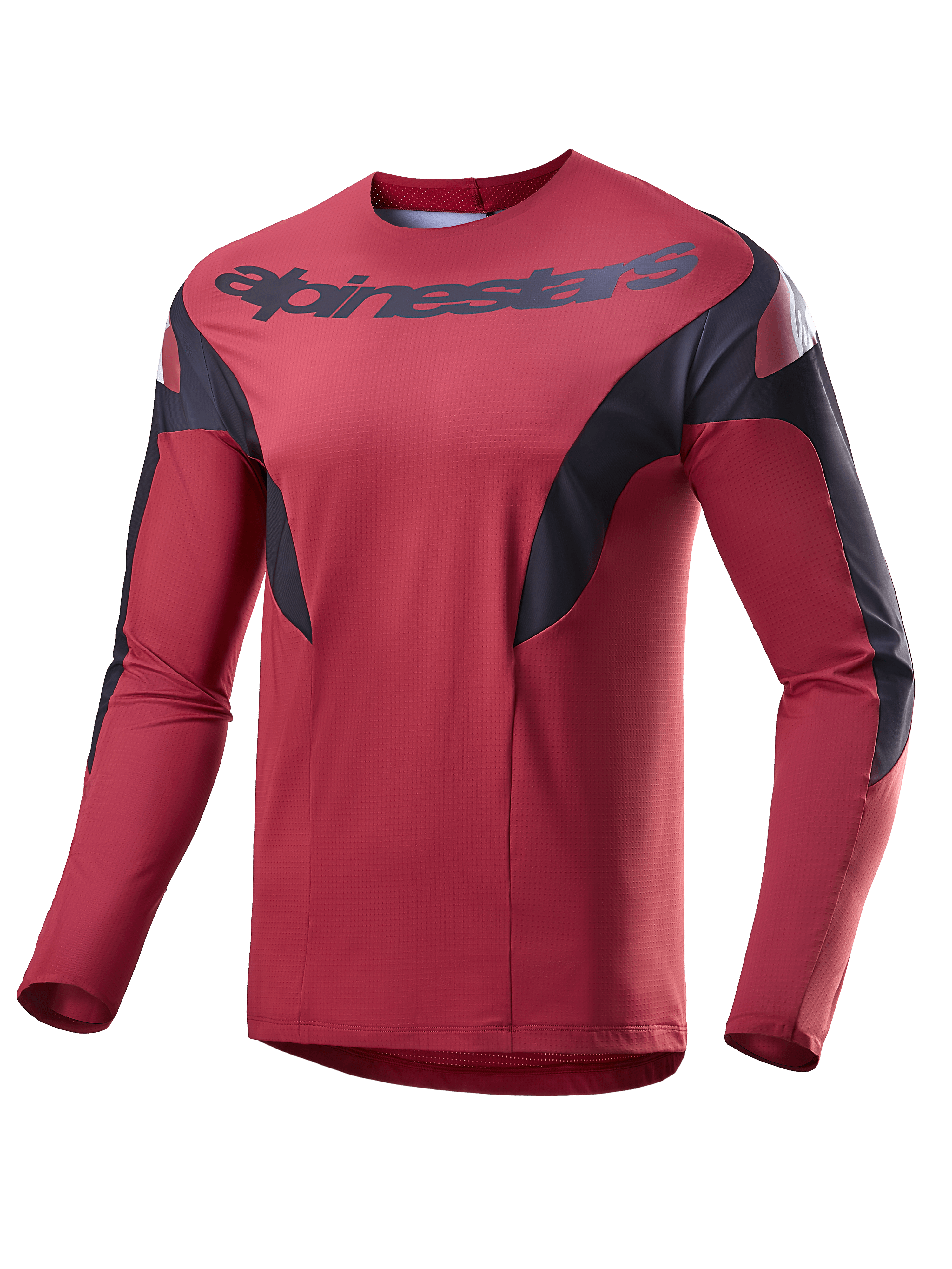 Alpinestars A-Supra Race trøje, langærmet MTB-trøje, bordeauxrød med sorte sidepaneler og hvide detaljer, Alpinestars-logo på brystet, let mikroperforeret materiale til mountainbike-racing