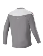 Alpinestars A-Supra Race Jersey, langærmet MTB-trøje, mørkegrå og hvid, set bagfra med lille stjernelogo, rød grafik på skuldrene, performance pasform til terrænkørsel