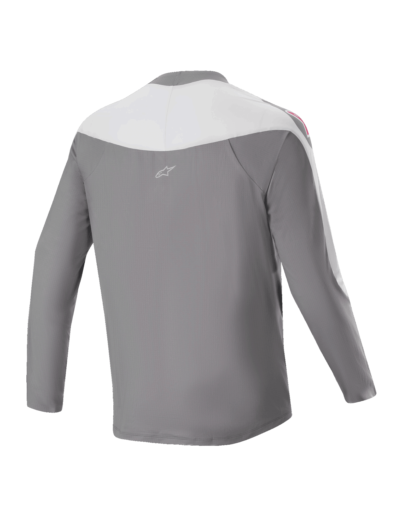 Alpinestars A-Supra Race Jersey, langærmet MTB-trøje, mørkegrå og hvid, set bagfra med lille stjernelogo, rød grafik på skuldrene, performance pasform til terrænkørsel