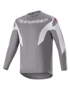 Alpinestars A-Supra Race trøje, langærmet MTB-trøje, mørkegrå med hvide paneler, hvidt Alpinestars-logo på brystet og røde stjernelogoer på skuldrene, teknisk mikroperforeret materiale med forlænget rygstykke til terrænkørsel