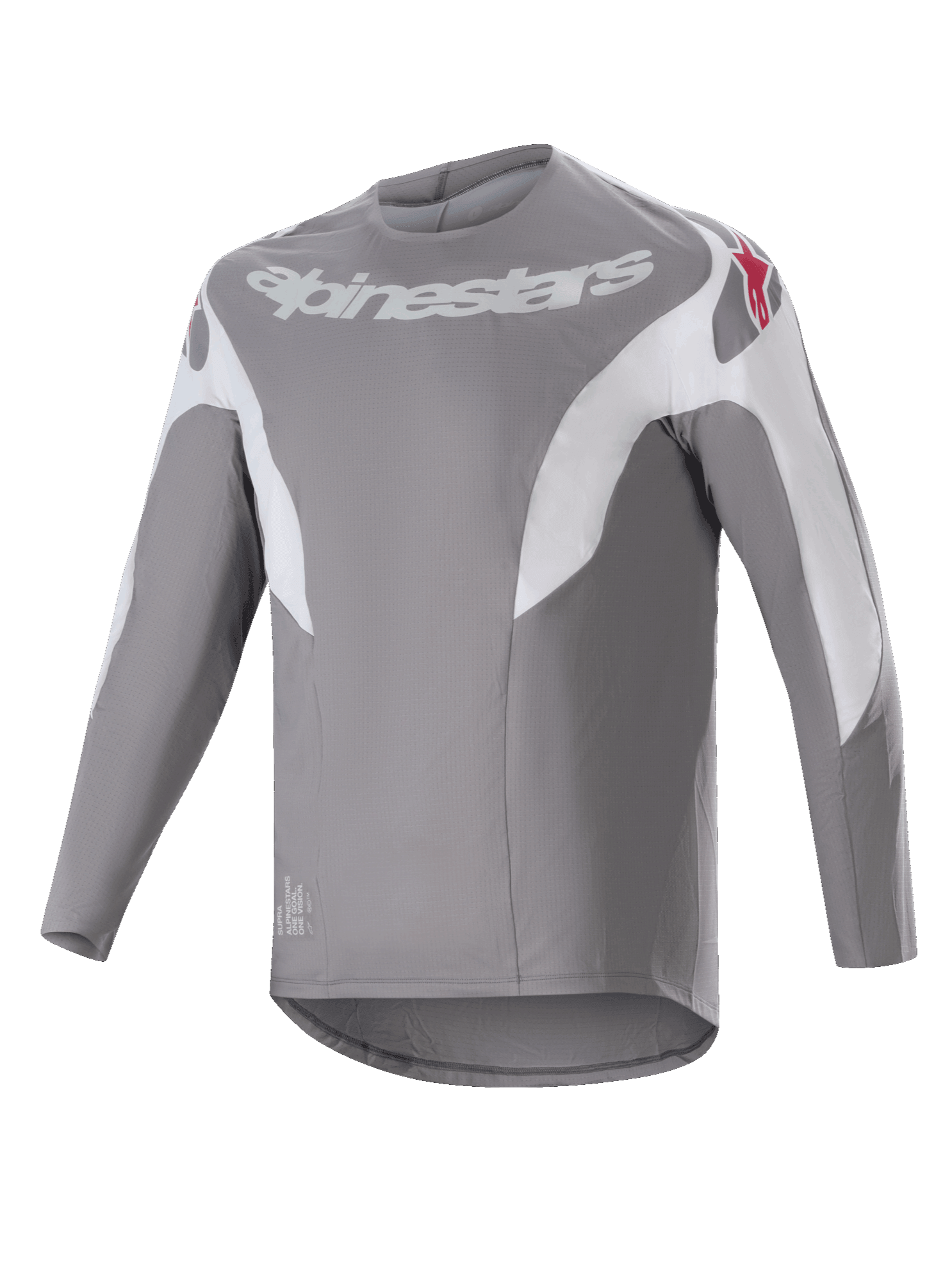 Alpinestars A-Supra Race trøje, langærmet MTB-trøje, mørkegrå med hvide paneler, hvidt Alpinestars-logo på brystet og røde stjernelogoer på skuldrene, teknisk mikroperforeret materiale med forlænget rygstykke til terrænkørsel