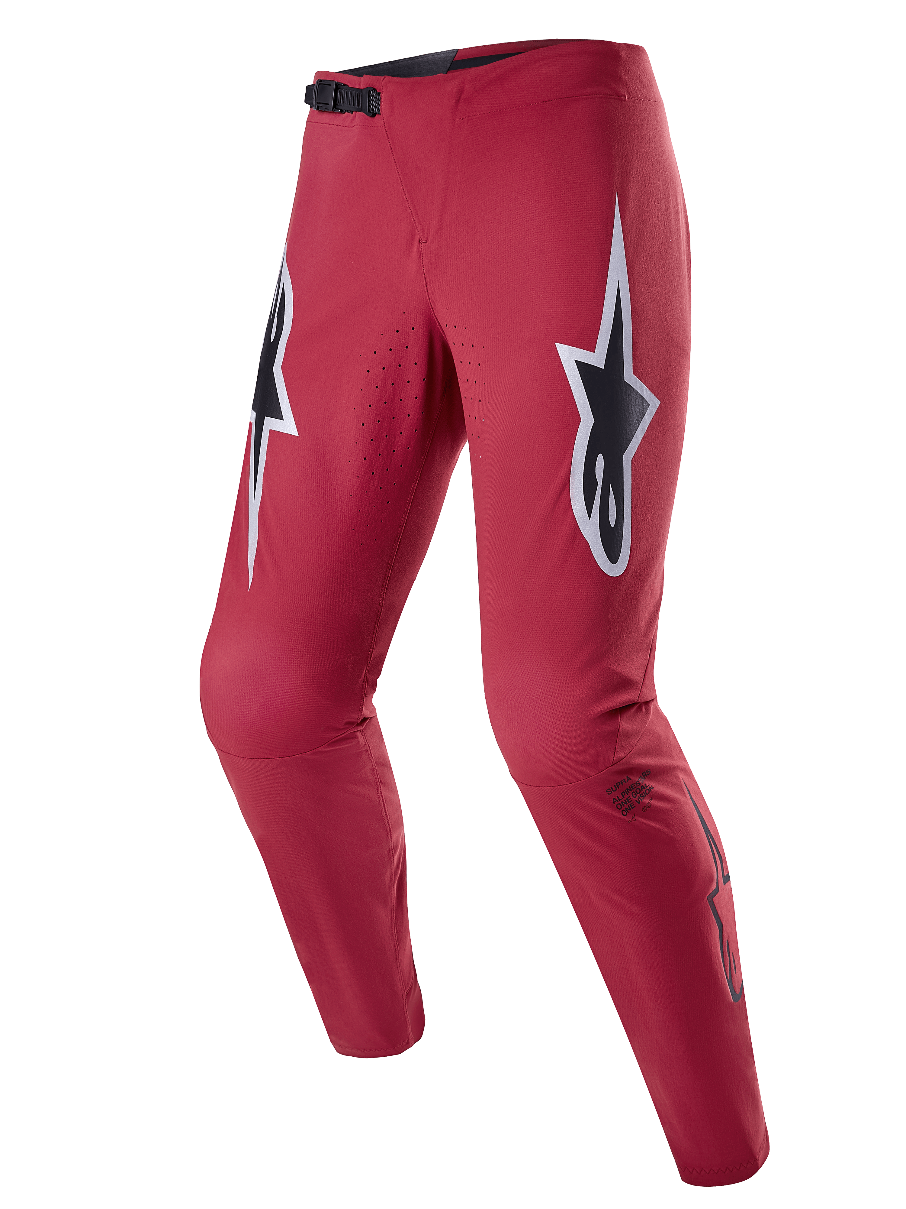 Alpinestars A-Supra Race bukser, MTB racing-bukser, vinrøde med store hvide og sorte stjernelogoer på lårene, laserperforeret ventilation, sort ratchet-lukning i taljen, tætsiddende performance-pasform til mountainbike