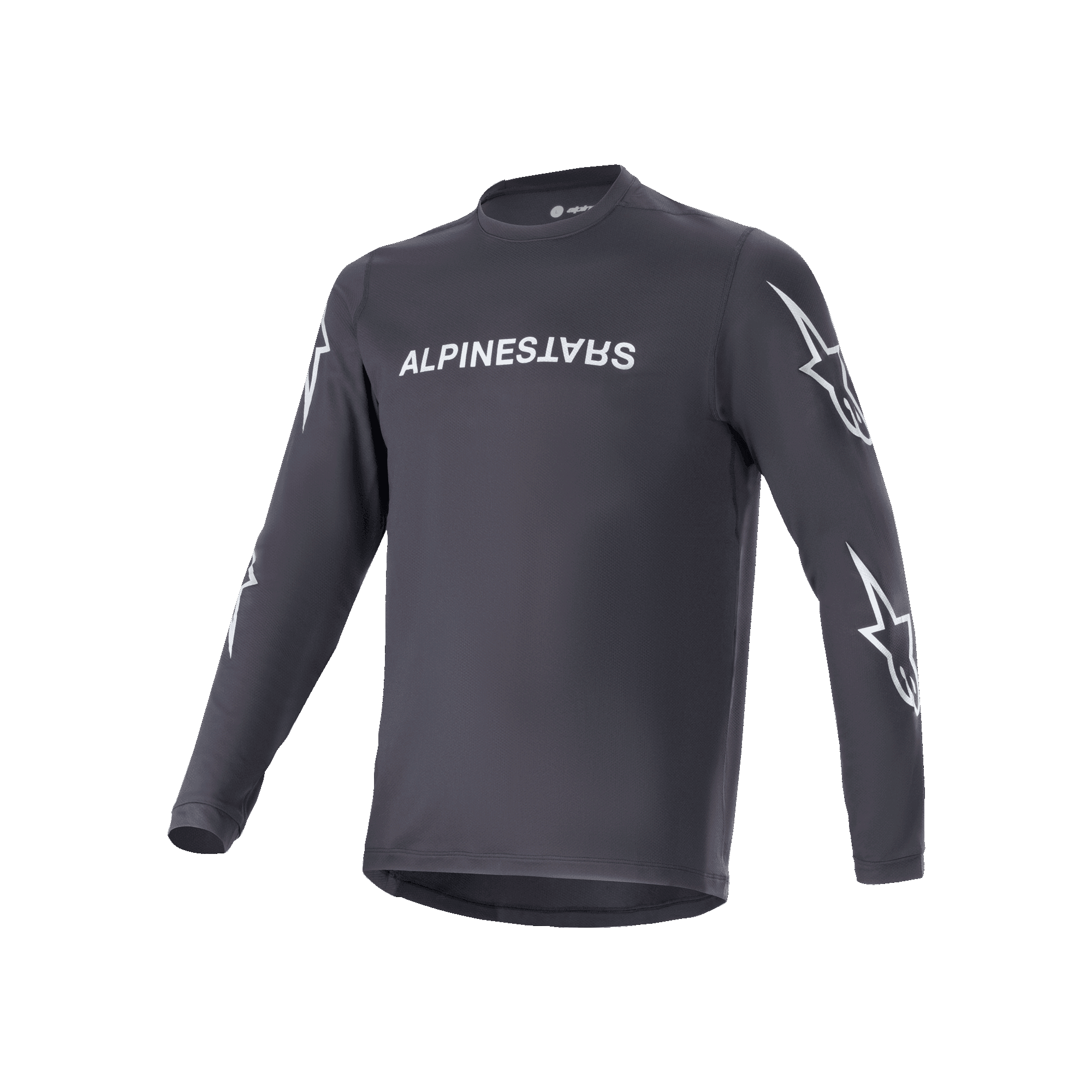 Alpinestars A-Dura Switch langærmet trøje, sort, hvidt Alpinestars-logo på brystet og stjernelogoer på ærmerne, letvægts teknisk materiale, MTB-cykeltøj