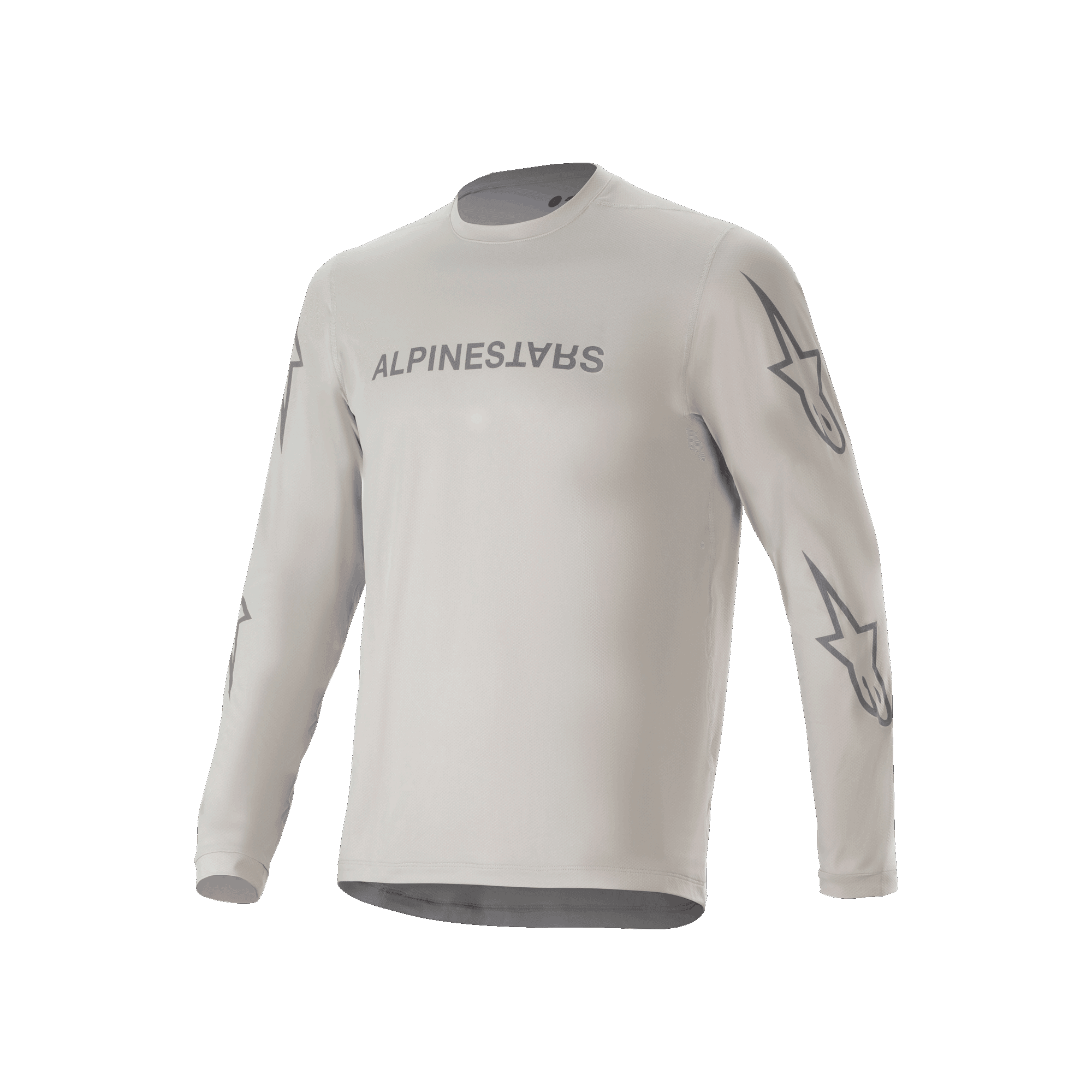 Alpinestars A-Dura Switch langærmet trøje, lysegrå mountainbike-jersey, med skriftlogo på brystet og stjerne-logoer på ærmerne, performance-cykeltøj til trailkørsel