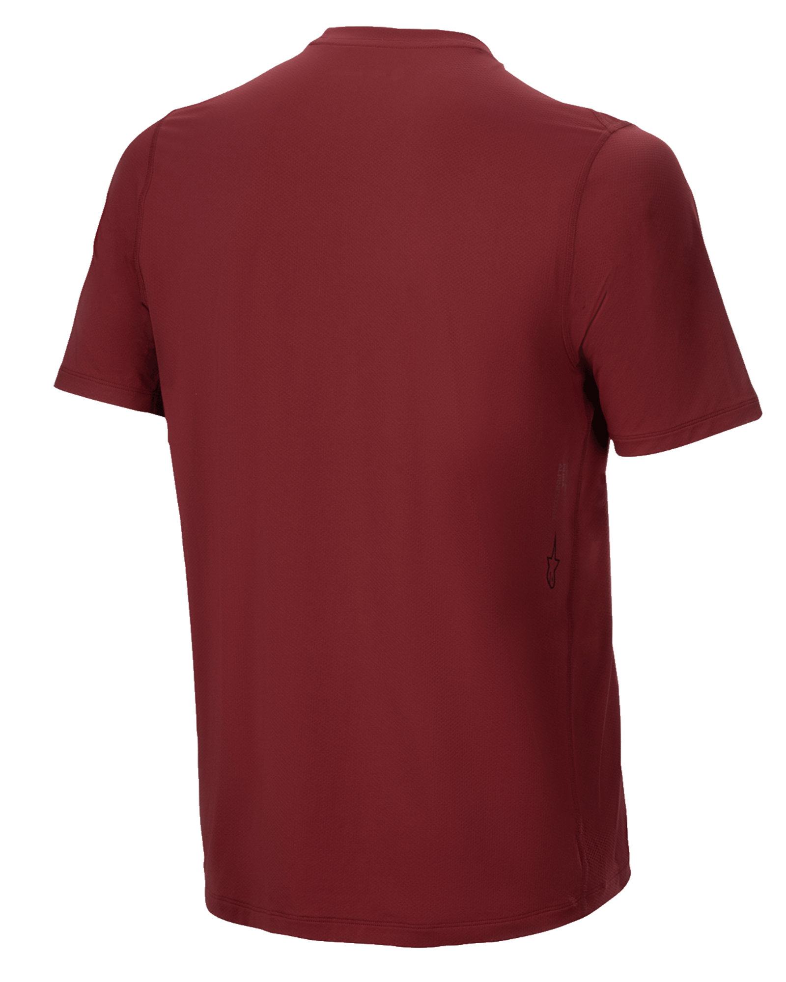 Alpinestars A-Dura Switch kortærmet jersey, burgundy, set bagfra, forlænget ryg, lille lodret Alpinestars-logo på siden, performance MTB-cykeltøj