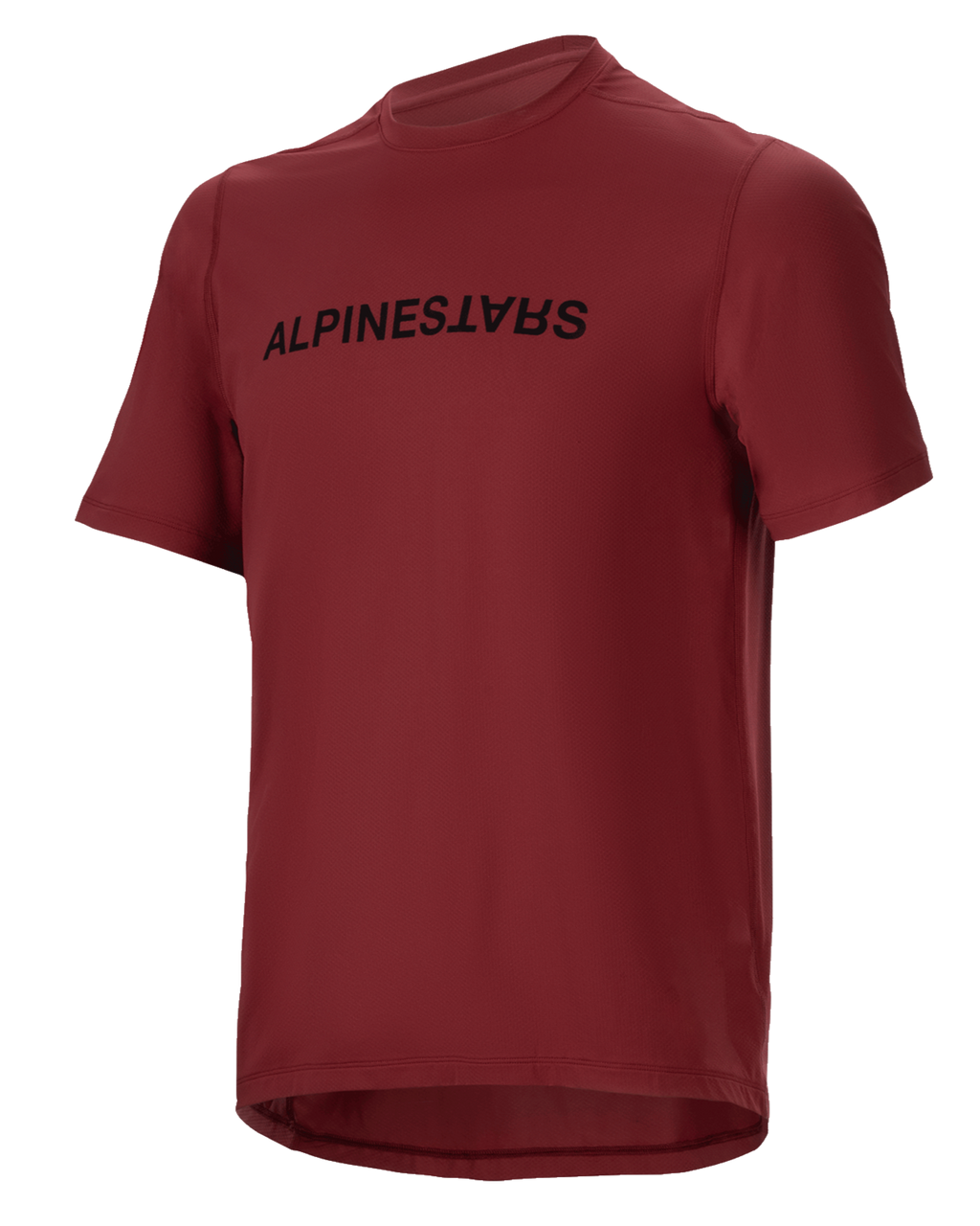Alpinestars A-Dura Switch trøje, kortærmet MTB-jersey, vinrød, sort wordmark-logo på brystet, letvægts fugttransporterende materiale, rund hals og forlænget ryg, designet til terrænkørsel