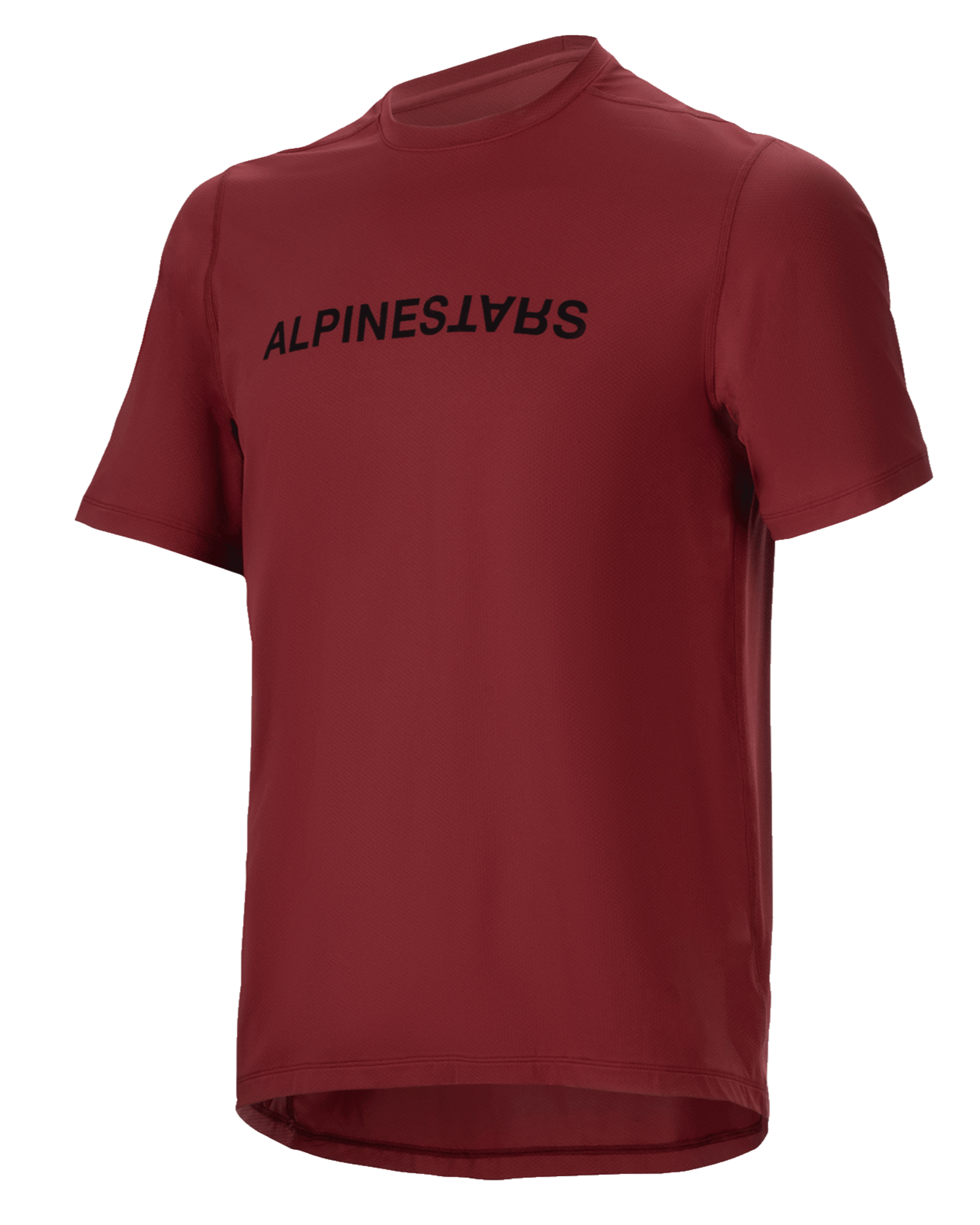 Alpinestars A-Dura Switch trøje, kortærmet MTB-jersey, vinrød, sort wordmark-logo på brystet, letvægts fugttransporterende materiale, rund hals og forlænget ryg, designet til terrænkørsel