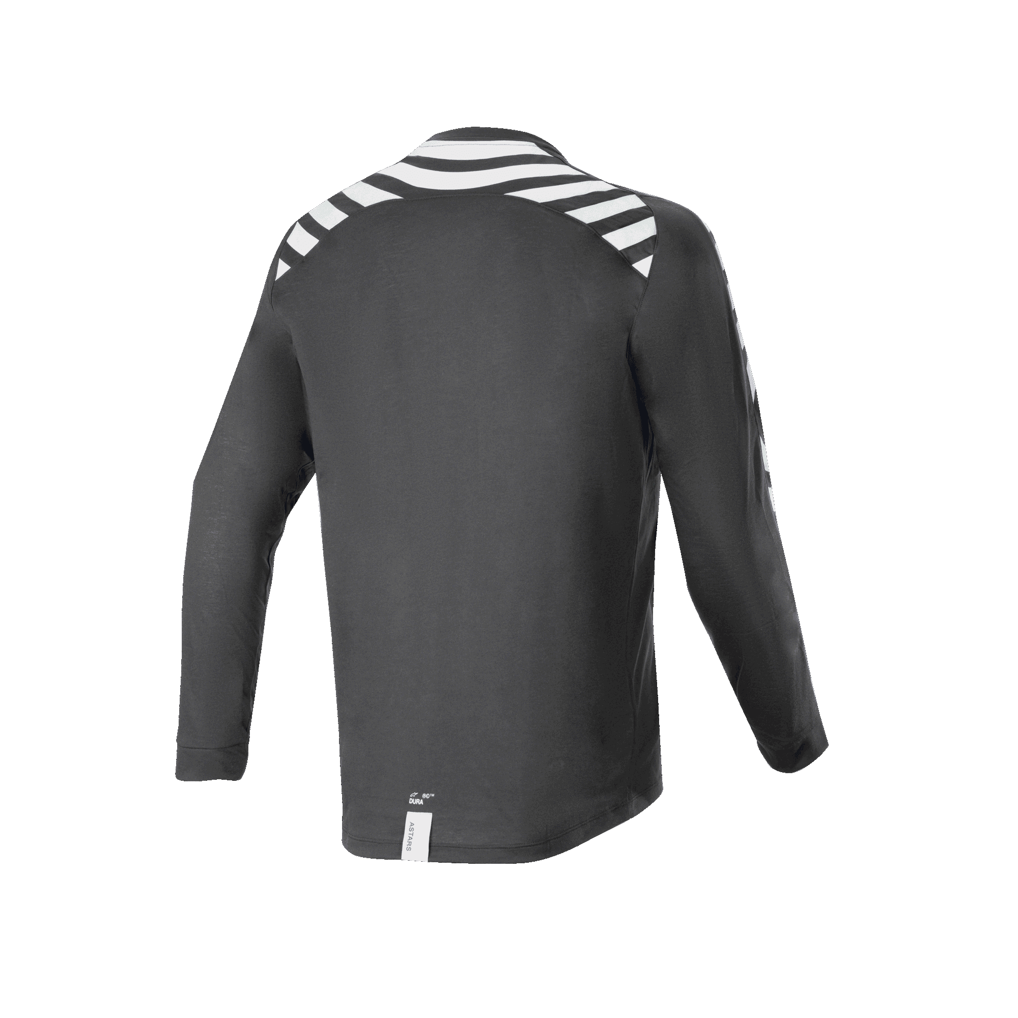 Alpinestars A-Dura Dri Oscar Long Sleeve Jersey, Black Reflective, back view featuring white reflective stripes on shoulders and arms, technical recycled drirelease fabric, longer drop tail hem for off-road cycling