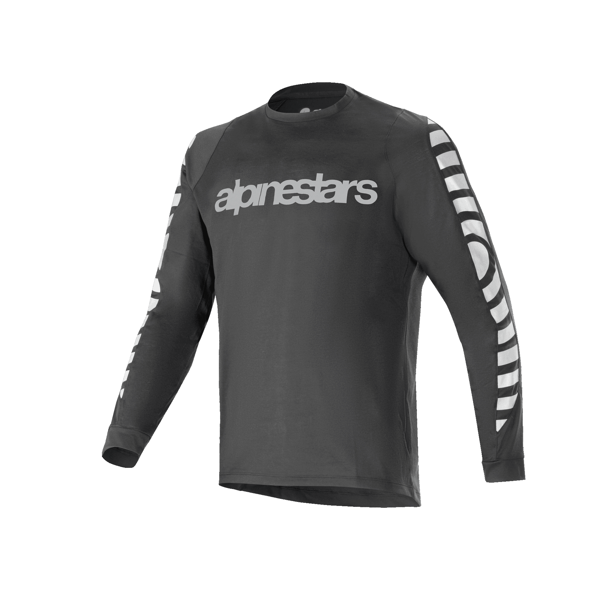 Alpinestars A-Dura Dri Oscar Long Sleeve Jersey, Cycling Jersey, Black Reflective, featuring a large silver reflective wordmark on the chest and graphic patterns on the sleeves, technical mountain bike performance apparel