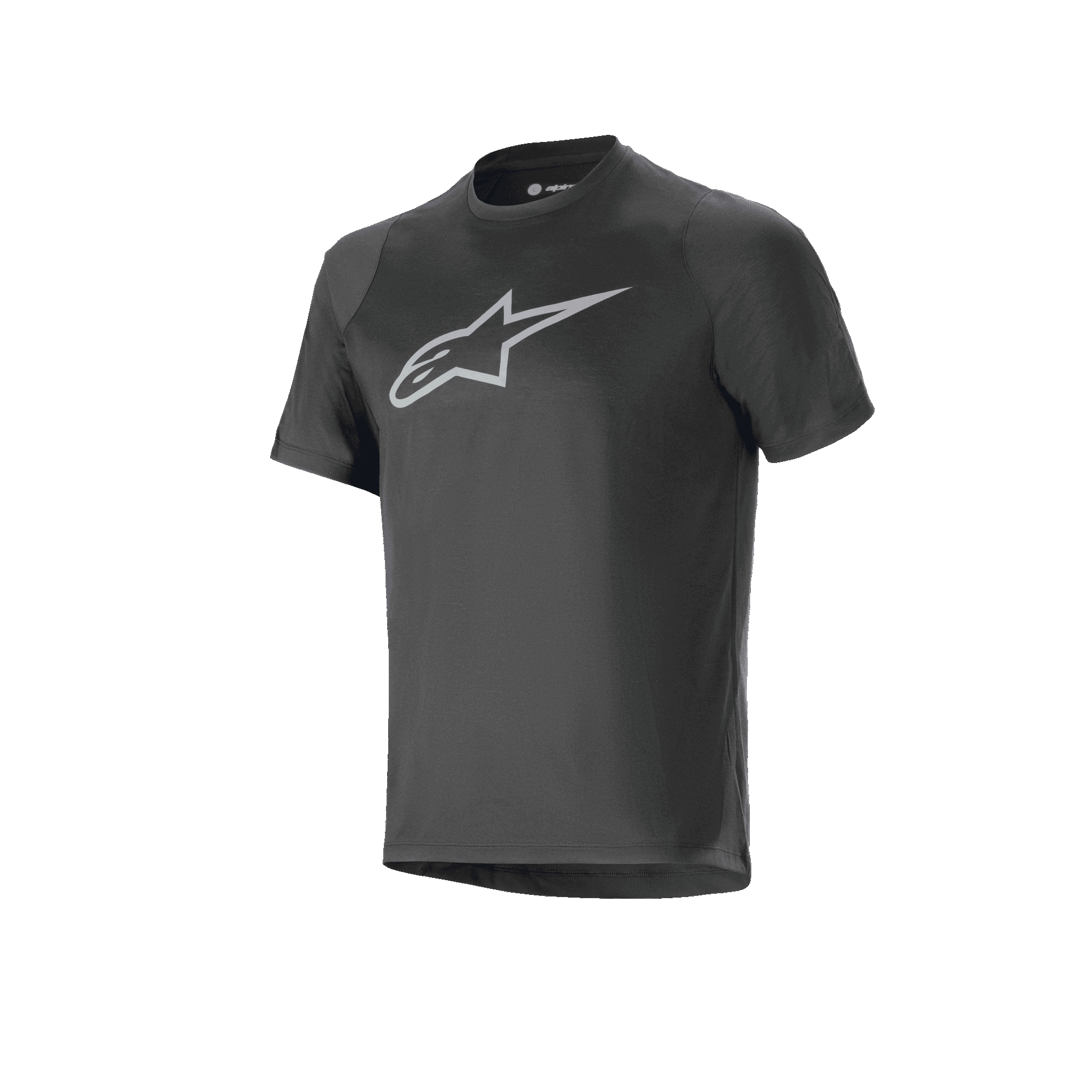 Alpinestars A-Dura Dri Oscar Jersey - Short Sleeve, Black Reflective, featuring a large silver reflective Alpinestars logo on the chest, technical mountain bike jersey with a regular fit