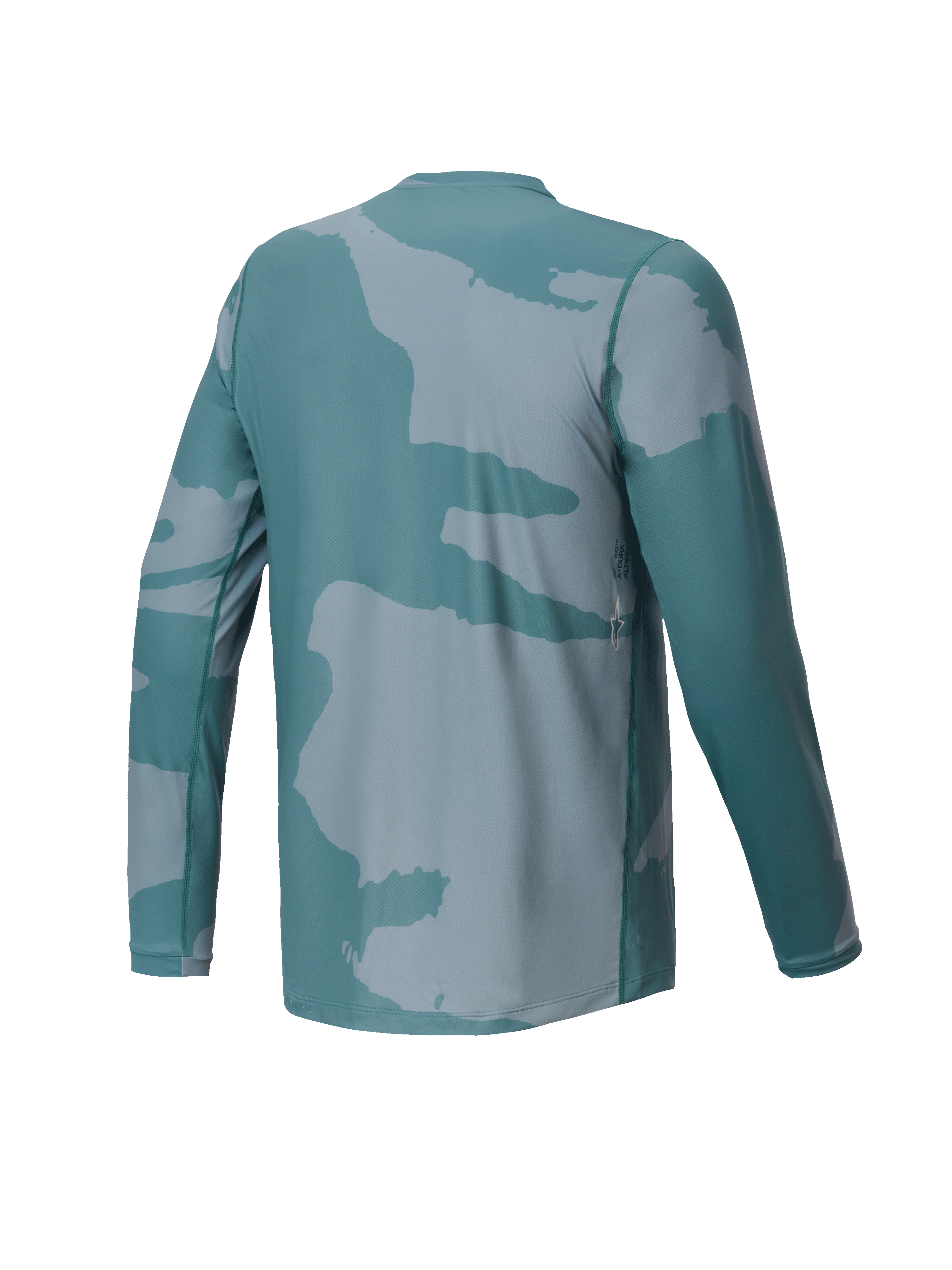 Alpinestars Youth A-Dura Hollow Camo Jersey, langærmet MTB-trøje, Silver Pine Camo-grøn, set bagfra med lille logodetalje og forlænget rygstykke for dækning under cykling