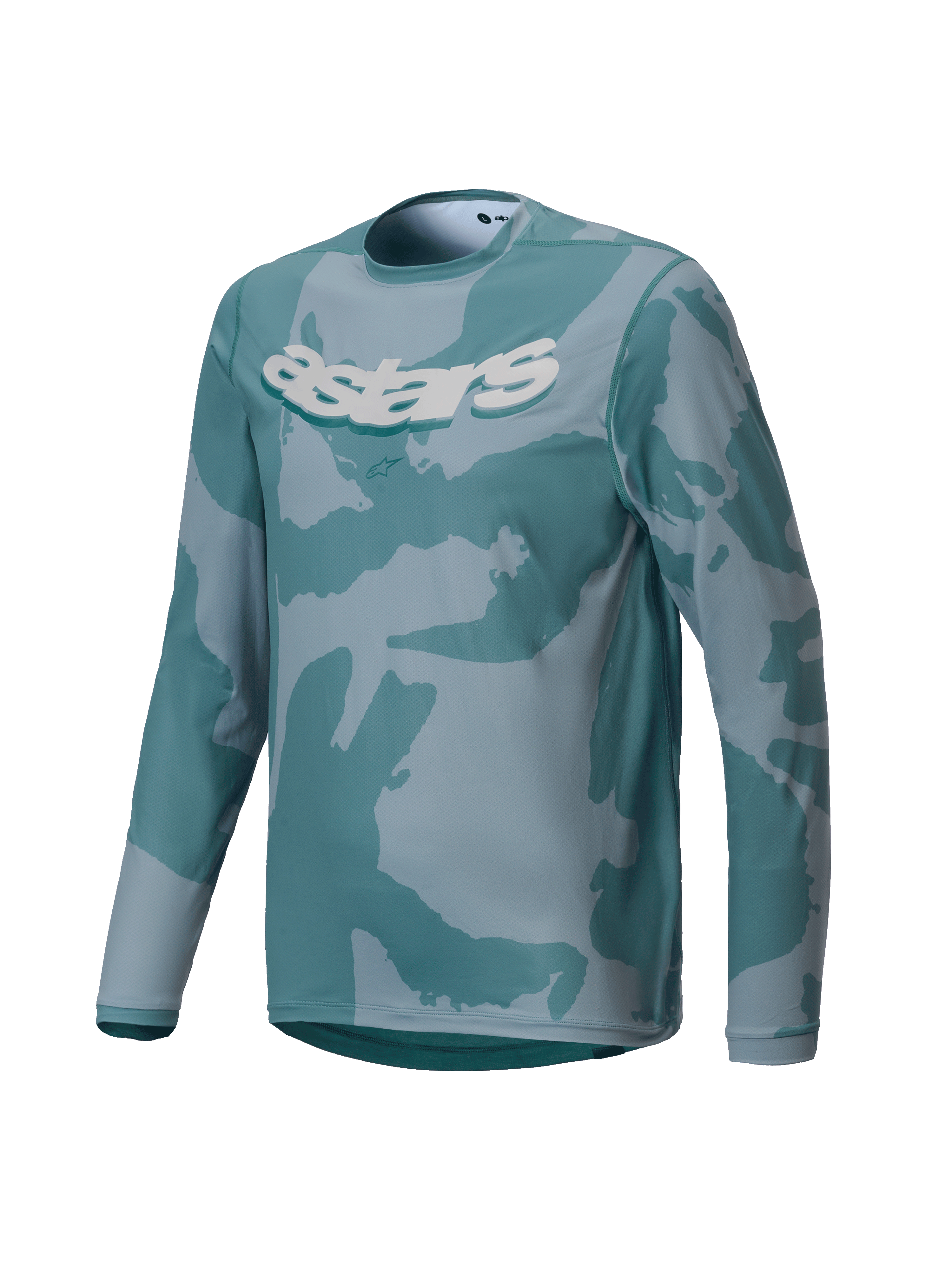 Alpinestars Youth A-Dura Hollow Camo trøje, langærmet MTB-trøje, Silver Pine Camo med mønstre i teal og grå, markant hvid astars-grafik på brystet, præstationsmateriale til trailkørsel for unge