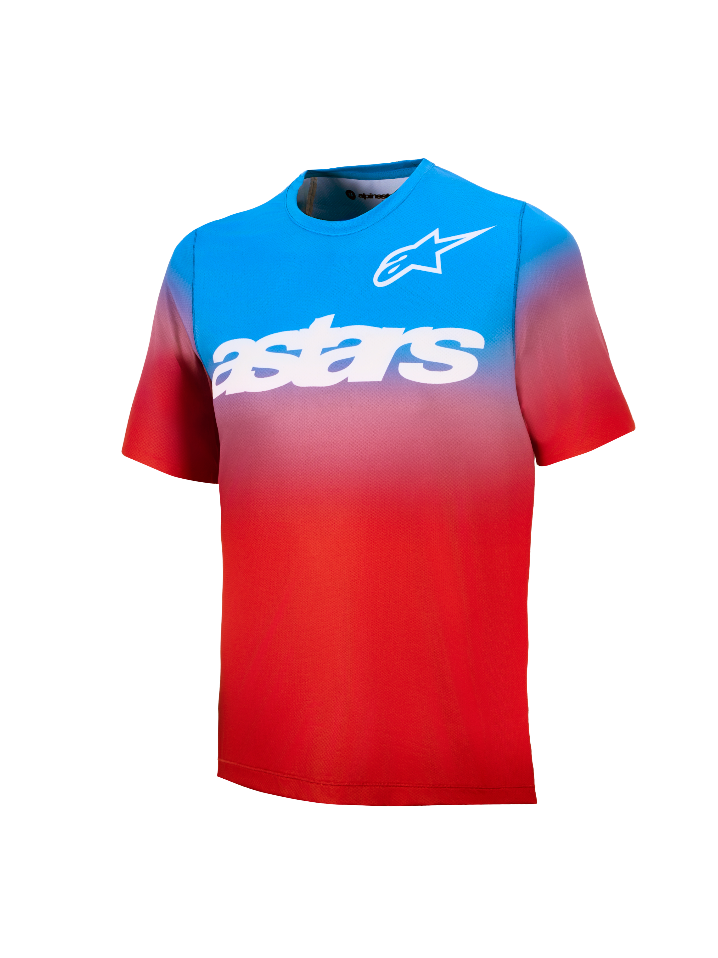 Ungdom A-Dura Astars Trøje 2.0, kortærmet MTB-trøje i blå og rød gradient med hvidt logo og skrift på brystet.