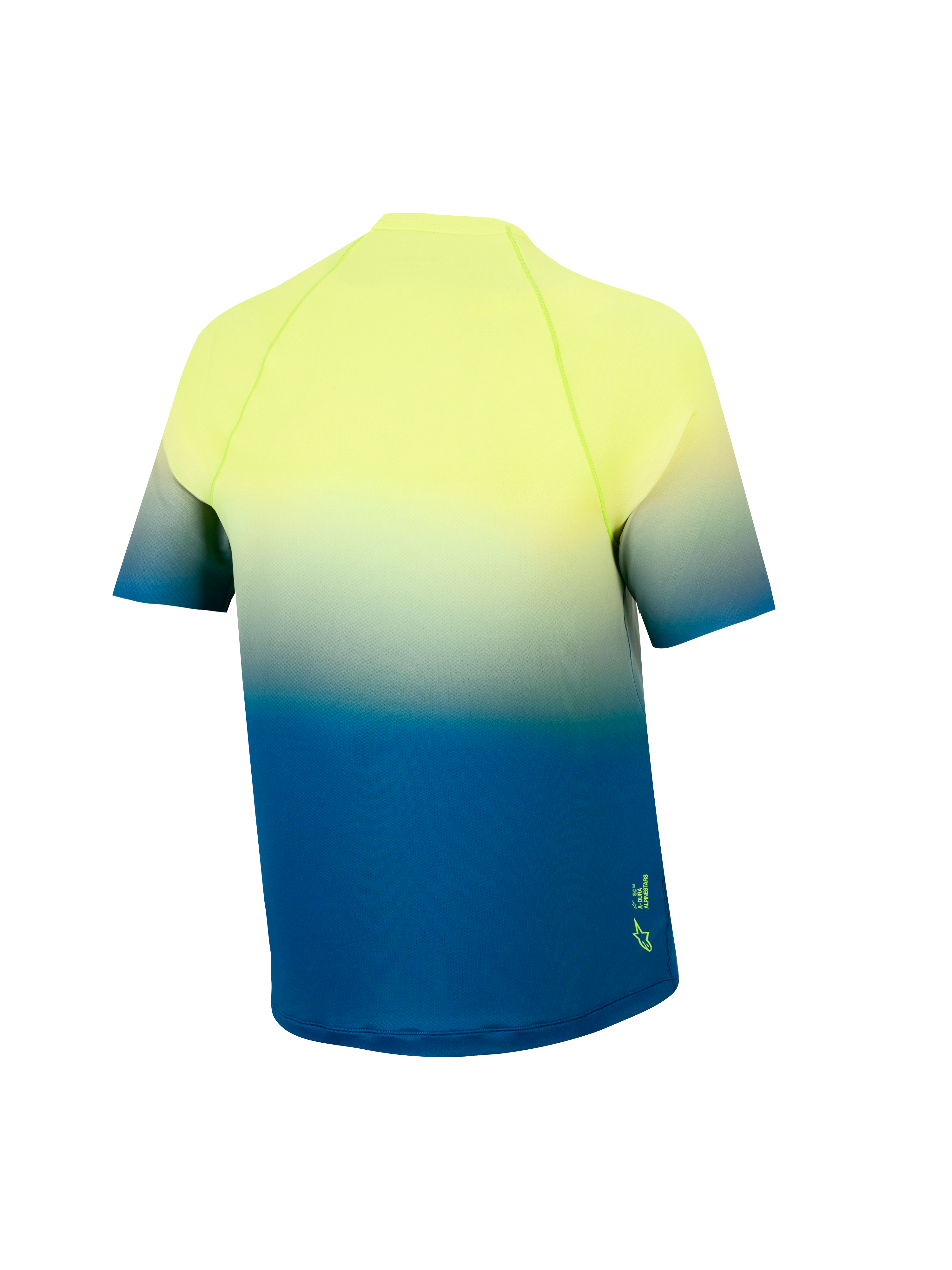 Ungdom A-Dura Astars 2.0 MTB-trøje, gul til blå gradient, kortærmet model set bagfra med forlænget bagstykke.
