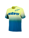 Ungdom A-Dura Astars Trøje 2.0, kortærmet MTB-jersey med gul og blå graduering og blå logoer på brystet.