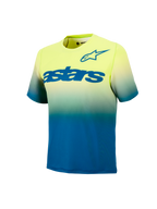 Ungdom A-Dura Astars Trøje 2.0, kortærmet MTB-jersey med gul og blå graduering og blå logoer på brystet.