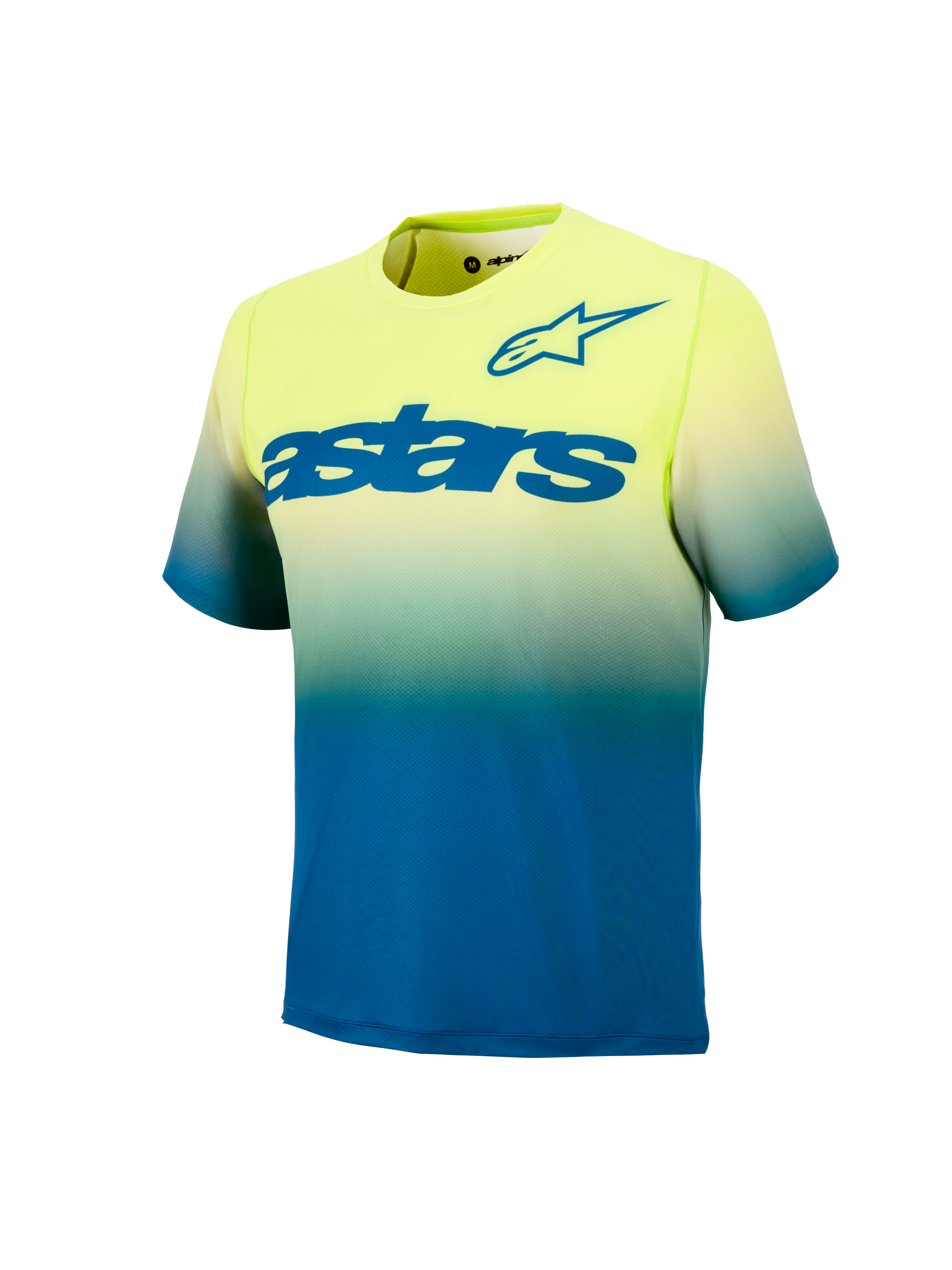 Ungdom A-Dura Astars Trøje 2.0, kortærmet MTB-jersey med gul og blå graduering og blå logoer på brystet.
