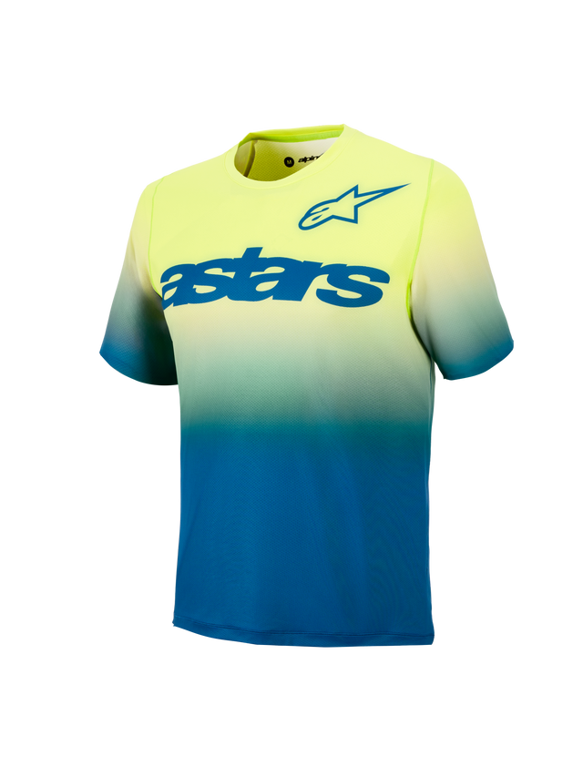 Ungdom A-Dura Astars Trøje 2.0, kortærmet MTB-jersey med gul og blå graduering og blå logoer på brystet.