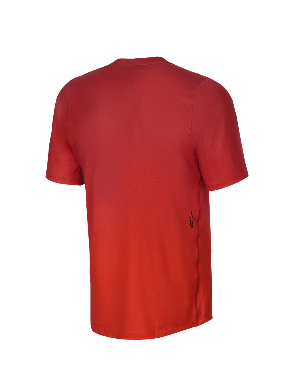Alpinestars Youth A-Dura Rise kortærmet jersey, set bagfra, Spicy Orange, jacquard-vævet tekstur, lille sort Astars-logo på siden, forlænget rygstykke til mountainbike-brug.