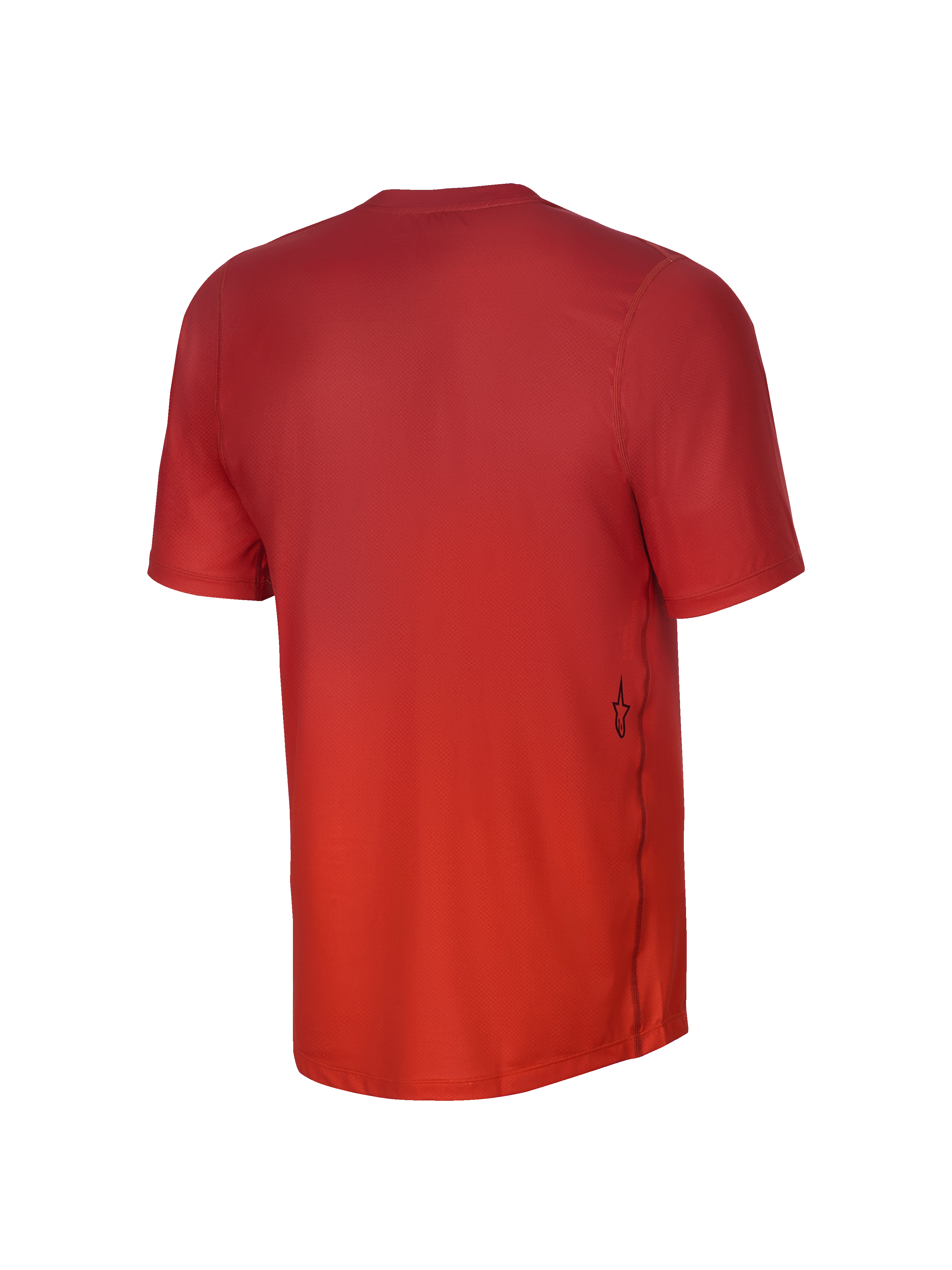 Alpinestars Youth A-Dura Rise kortærmet jersey, set bagfra, Spicy Orange, jacquard-vævet tekstur, lille sort Astars-logo på siden, forlænget rygstykke til mountainbike-brug.