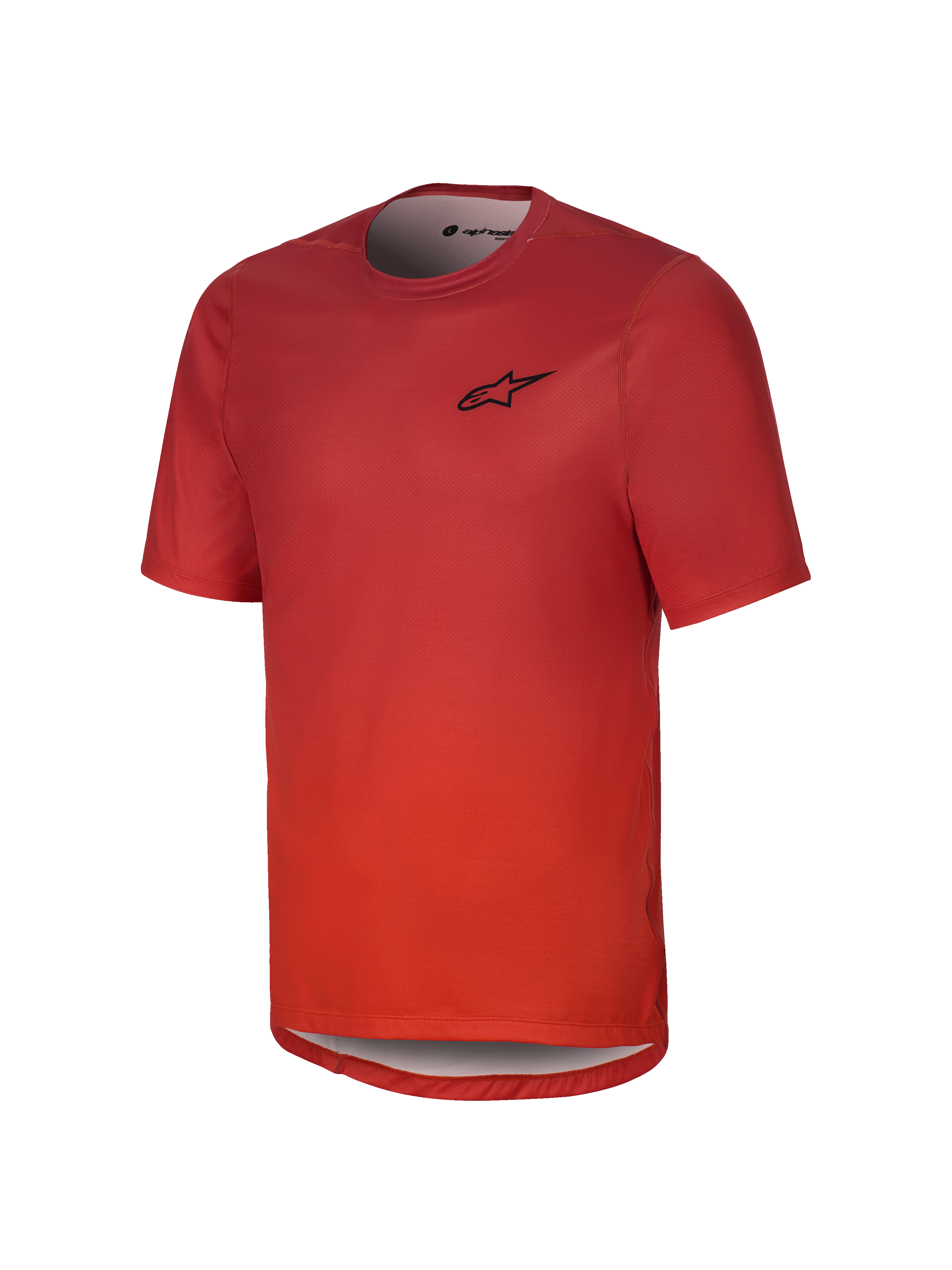 Alpinestars Youth A-Dura Rise kortærmet trøje, Spicy Orange, med sort brystlogo, rund hals og længere rygstykke, åndbart jacquard-stof til mountainbiking