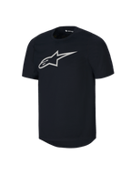 Alpinestars Youth A-Dura kortærmet trøje, sort MTB-trøje, stort hvidt Astars-logo på brystet, design med rund hals, afslappet performancetøj til mountainbike