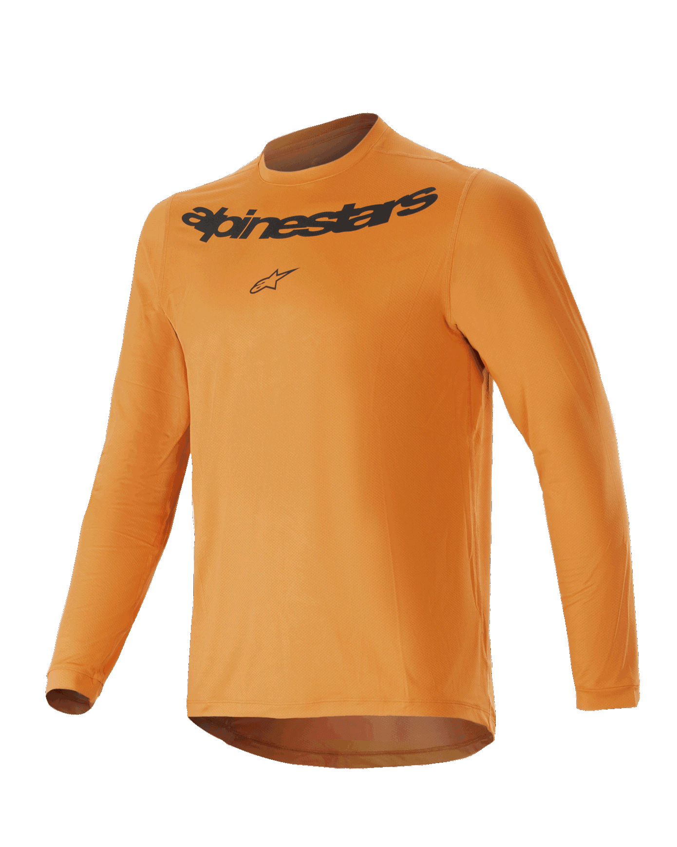 Alpinestars Youth A-Dura Rocker langærmet trøje, mørkt guld, med sort Alpinestars-tekst og logo på brystet, rund hals, længere rygstykke, letvægts performance mountainbike-beklædning