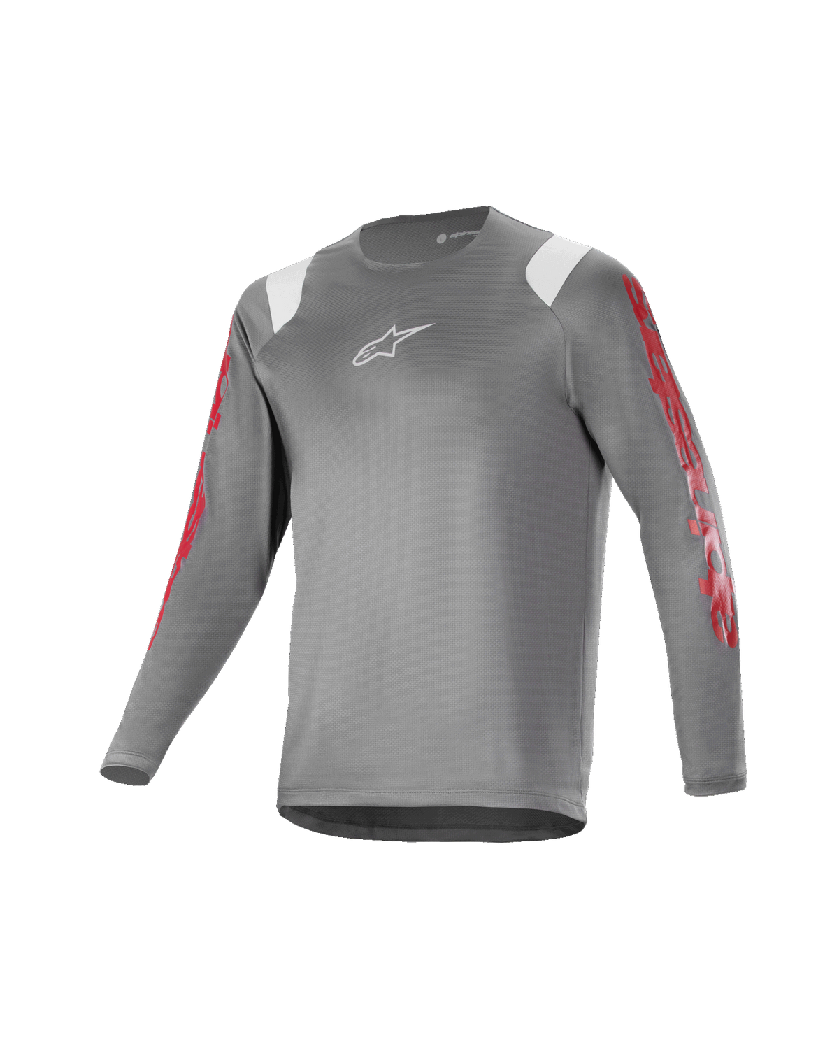 Alpinestars Youth A Supra Astar langærmet jersey, mørkegrå med hvide skulderdetaljer og rød branding på ærmerne, hvidt brystlogo, åndbart teknisk materiale, rund halsudskæring, atletisk performance-pasform til mountainbiking