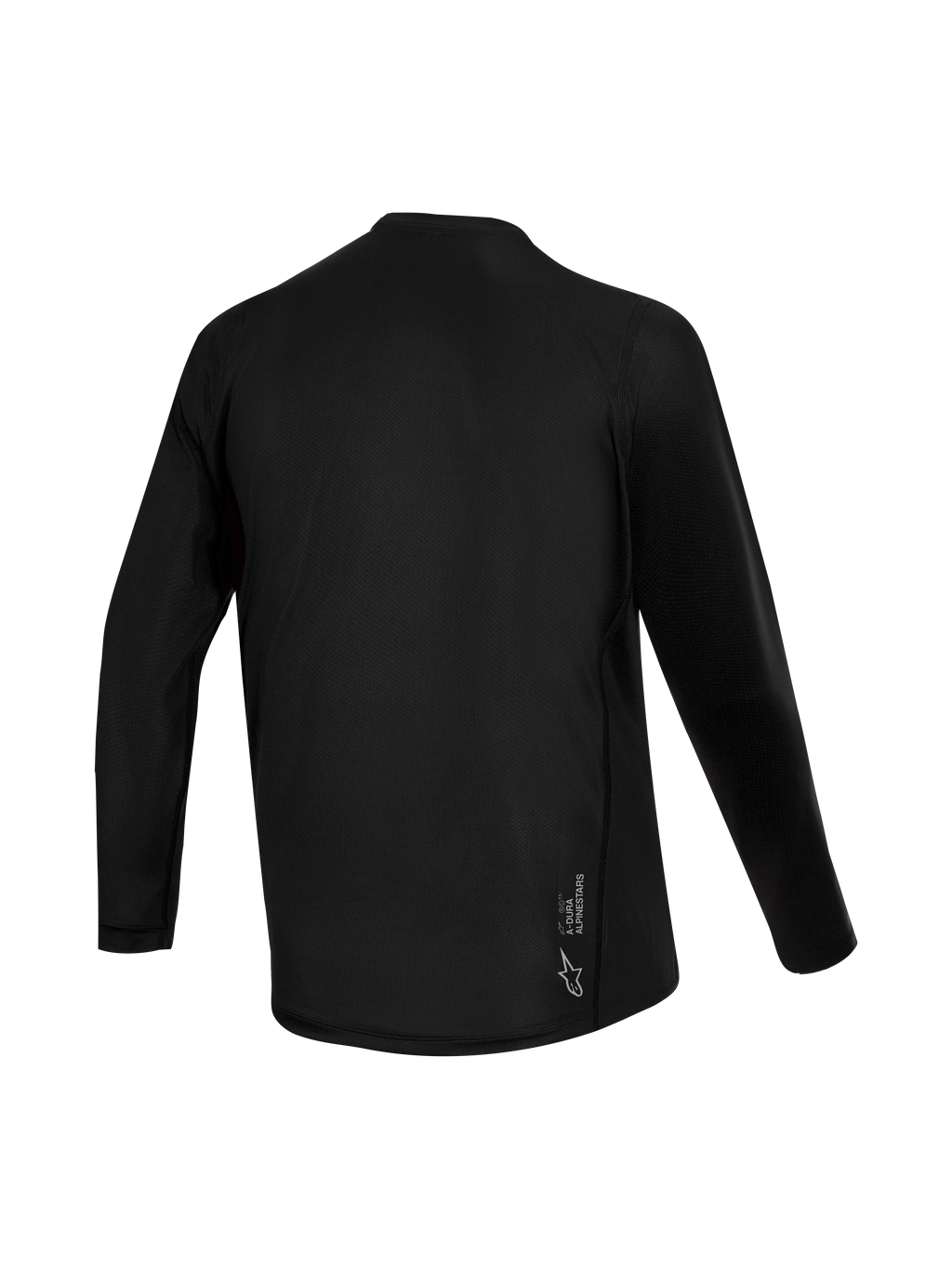 Sort Stella A-Dura Ride langærmet trøje til kvinder, set bagfra med jacquard-tekstur og Alpinestars-logo.