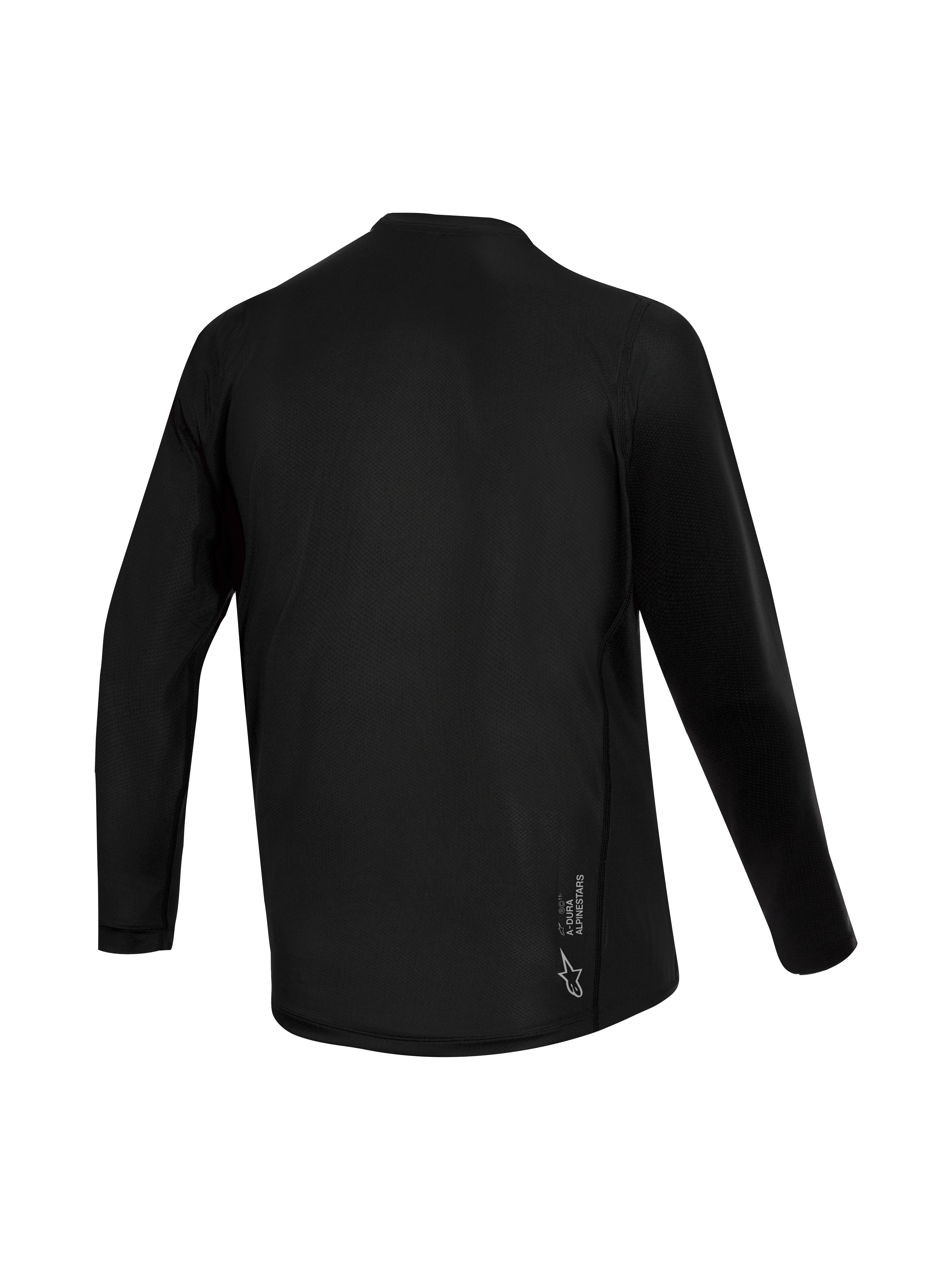 Sort Stella A-Dura Ride langærmet trøje til kvinder, set bagfra med jacquard-tekstur og Alpinestars-logo.
