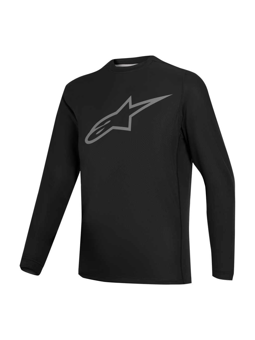 Stella A-Dura Ride Jersey, sort langærmet MTB-trøje til kvinder med gråt Astars-logo på brystet, performance-cykeltøj.