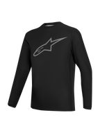 Stella A-Dura Ride Jersey, sort langærmet MTB-trøje til kvinder med gråt Astars-logo på brystet, performance-cykeltøj.