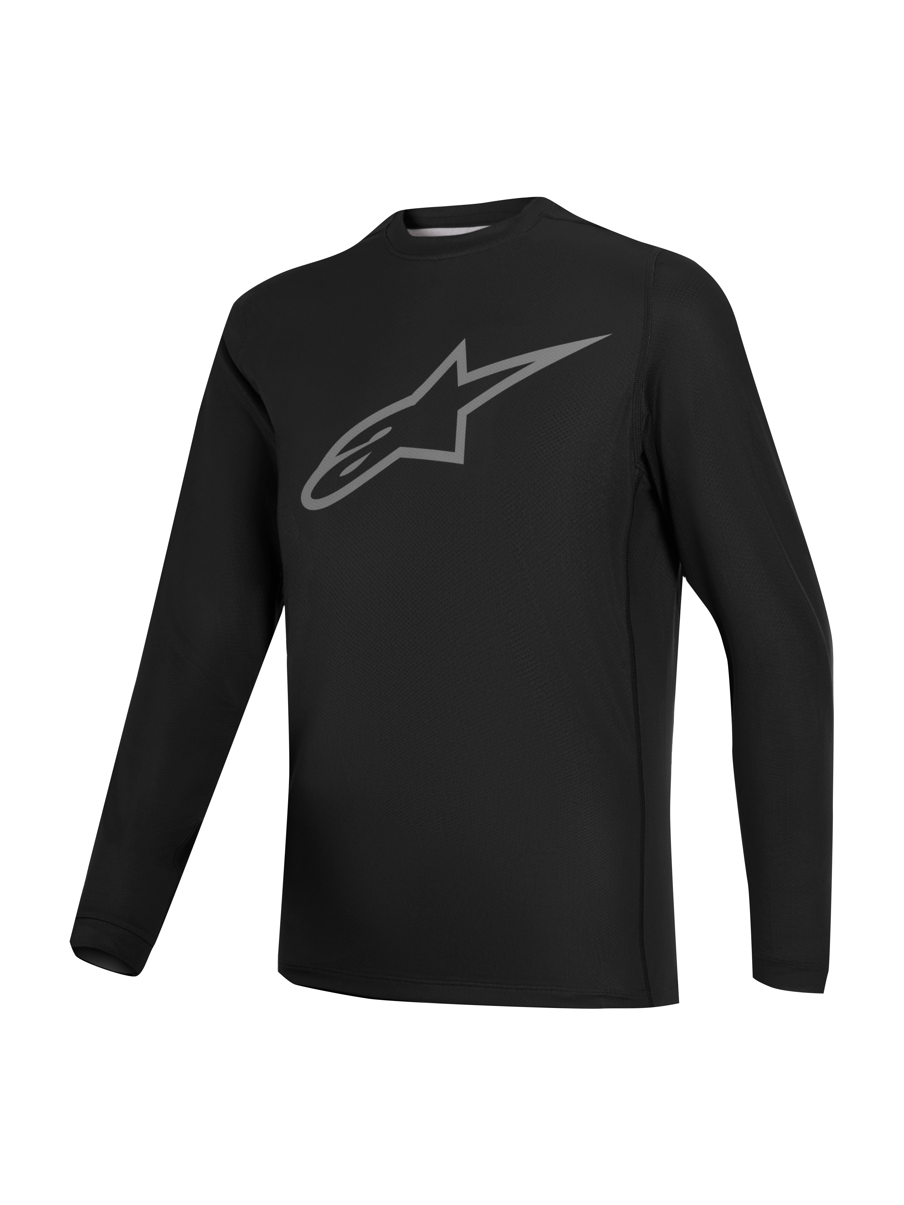 Stella A-Dura Ride Jersey, sort langærmet MTB-trøje til kvinder med gråt Astars-logo på brystet, performance-cykeltøj.