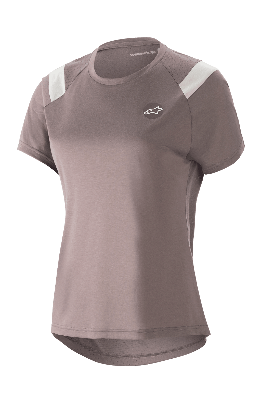 Alpinestars Stella Alps Escape jersey til kvinder, kortærmet MTB-trøje, Sparrow grå med hvide skulderdetaljer, perforerede mesh-paneler for åndbarhed, buet forlænget bagkant, lille cirkulært Astar-logo på brystet, afslappet sporty pasform til mountainbiking