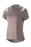 Alpinestars Stella Alps Escape jersey til kvinder, kortærmet MTB-trøje, Sparrow grå med hvide skulderdetaljer, perforerede mesh-paneler for åndbarhed, buet forlænget bagkant, lille cirkulært Astar-logo på brystet, afslappet sporty pasform til mountainbiking
