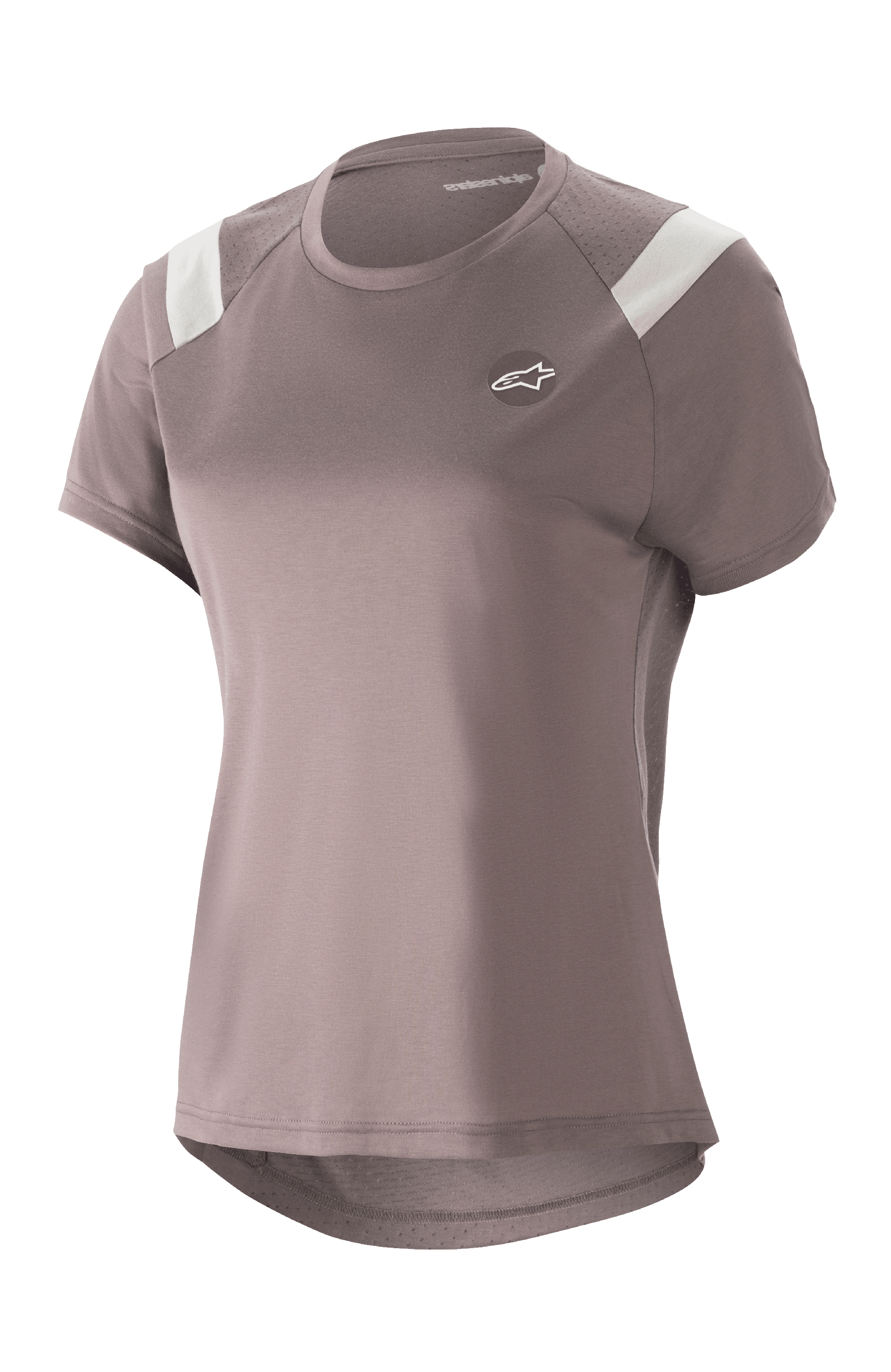 Alpinestars Stella Alps Escape jersey til kvinder, kortærmet MTB-trøje, Sparrow grå med hvide skulderdetaljer, perforerede mesh-paneler for åndbarhed, buet forlænget bagkant, lille cirkulært Astar-logo på brystet, afslappet sporty pasform til mountainbiking