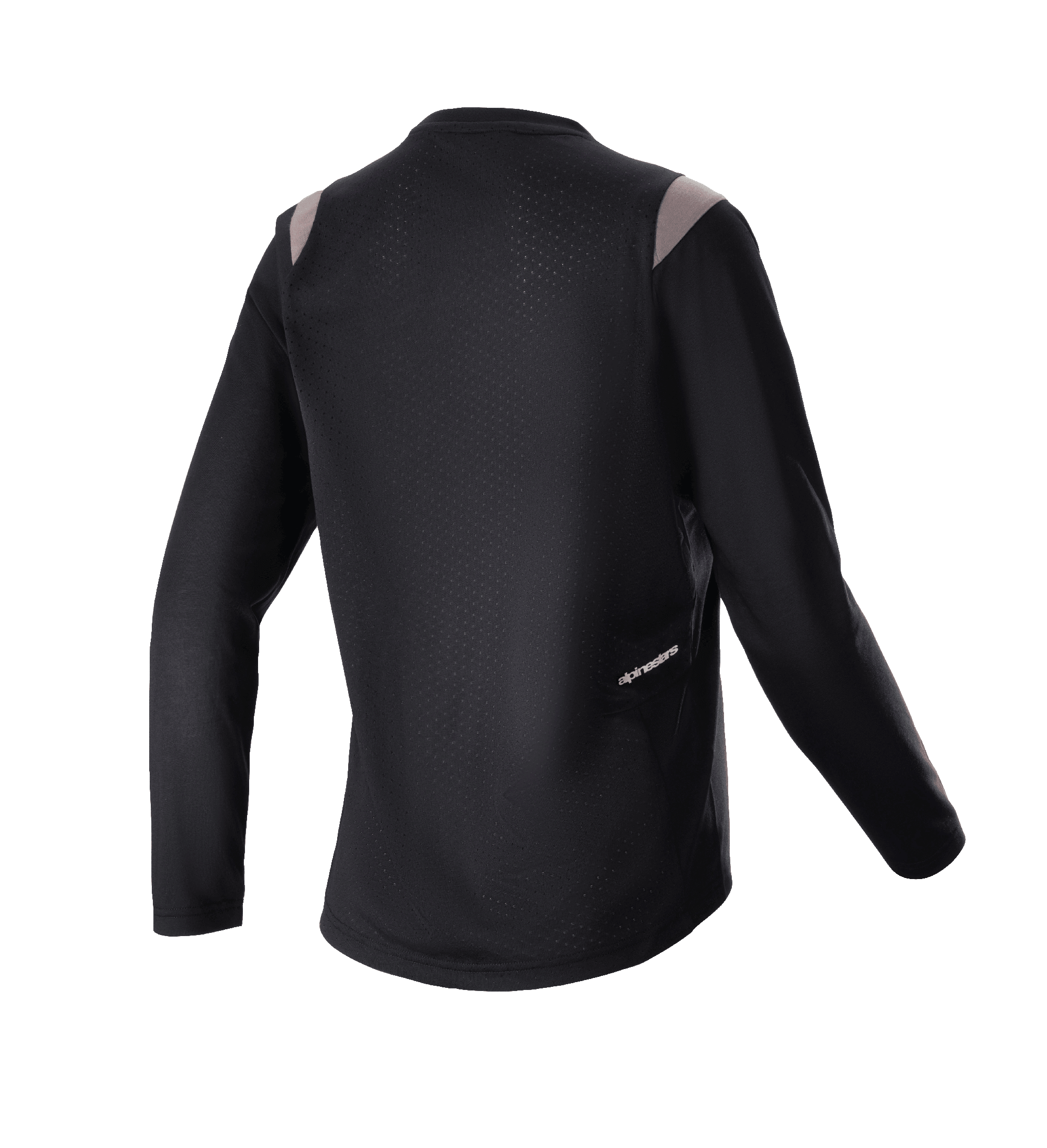 Alpinestars Dame Stella Alps Escape langærmet trøje, sort med grå skulderdetaljer, set bagfra med perforeret mesh-panel på ryggen for ventilation og lille Alpinestars-logo, mountainbike-cykeludstyr