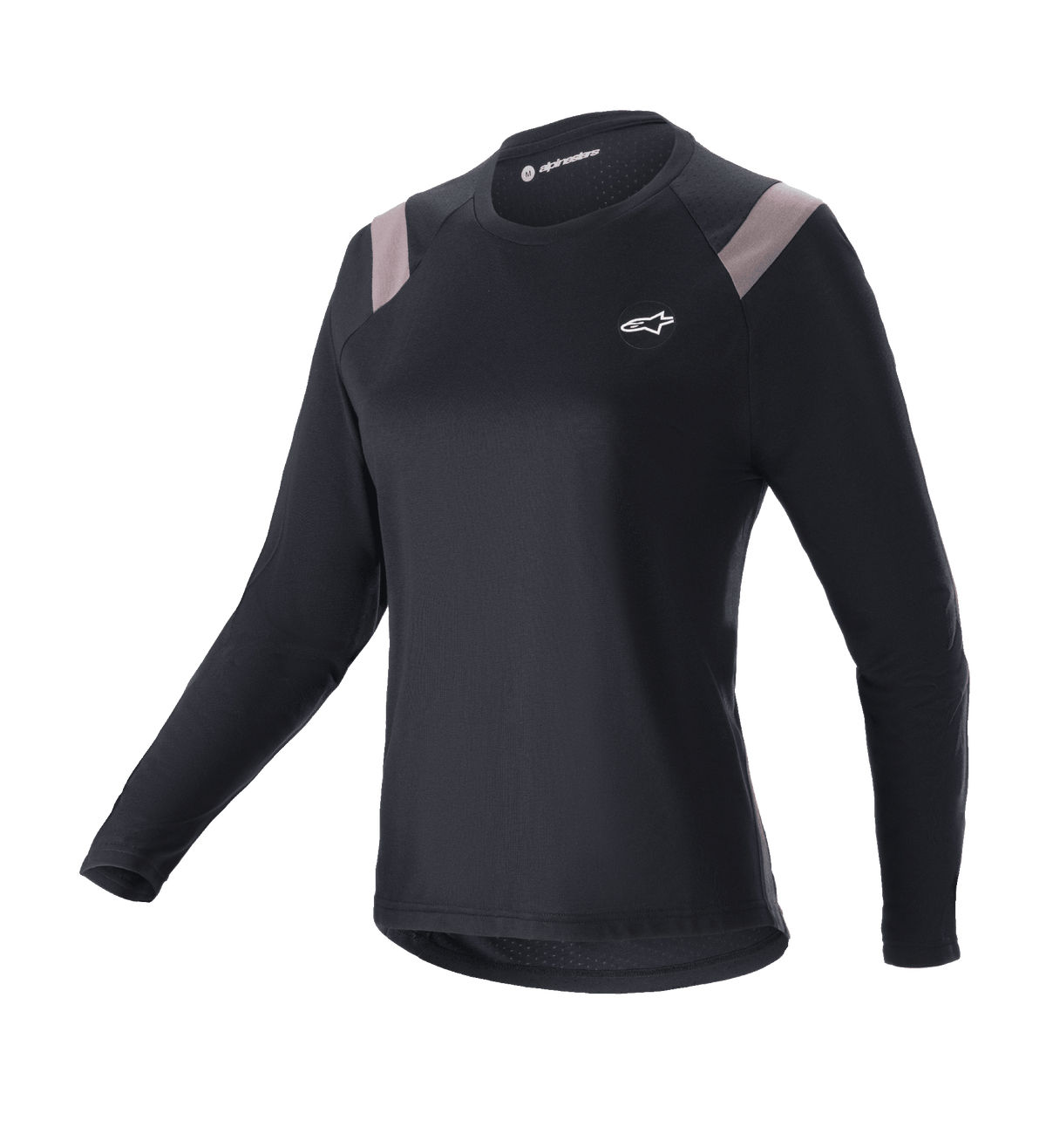 Alpinestars Stella Alps Escape Jersey, langærmet mountainbike-trøje til damer, sort med lysegrå skulderpaneler, rund hals, lille hvidt logo på brystet, atletisk performance-pasform
