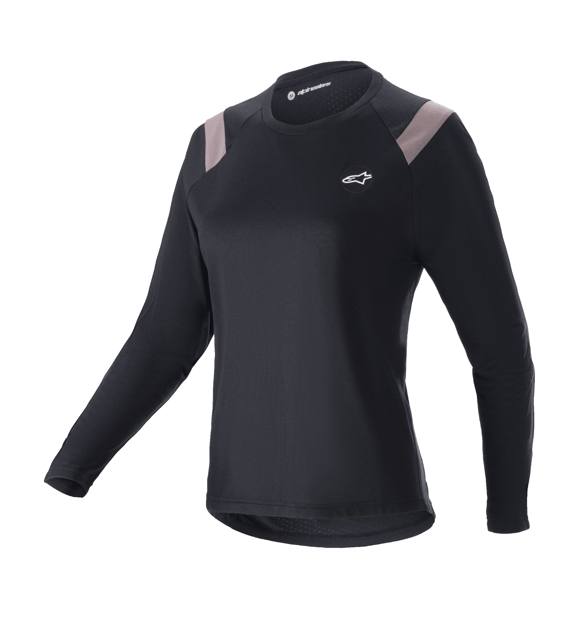 Alpinestars Stella Alps Escape Jersey, langærmet mountainbike-trøje til damer, sort med lysegrå skulderpaneler, rund hals, lille hvidt logo på brystet, atletisk performance-pasform