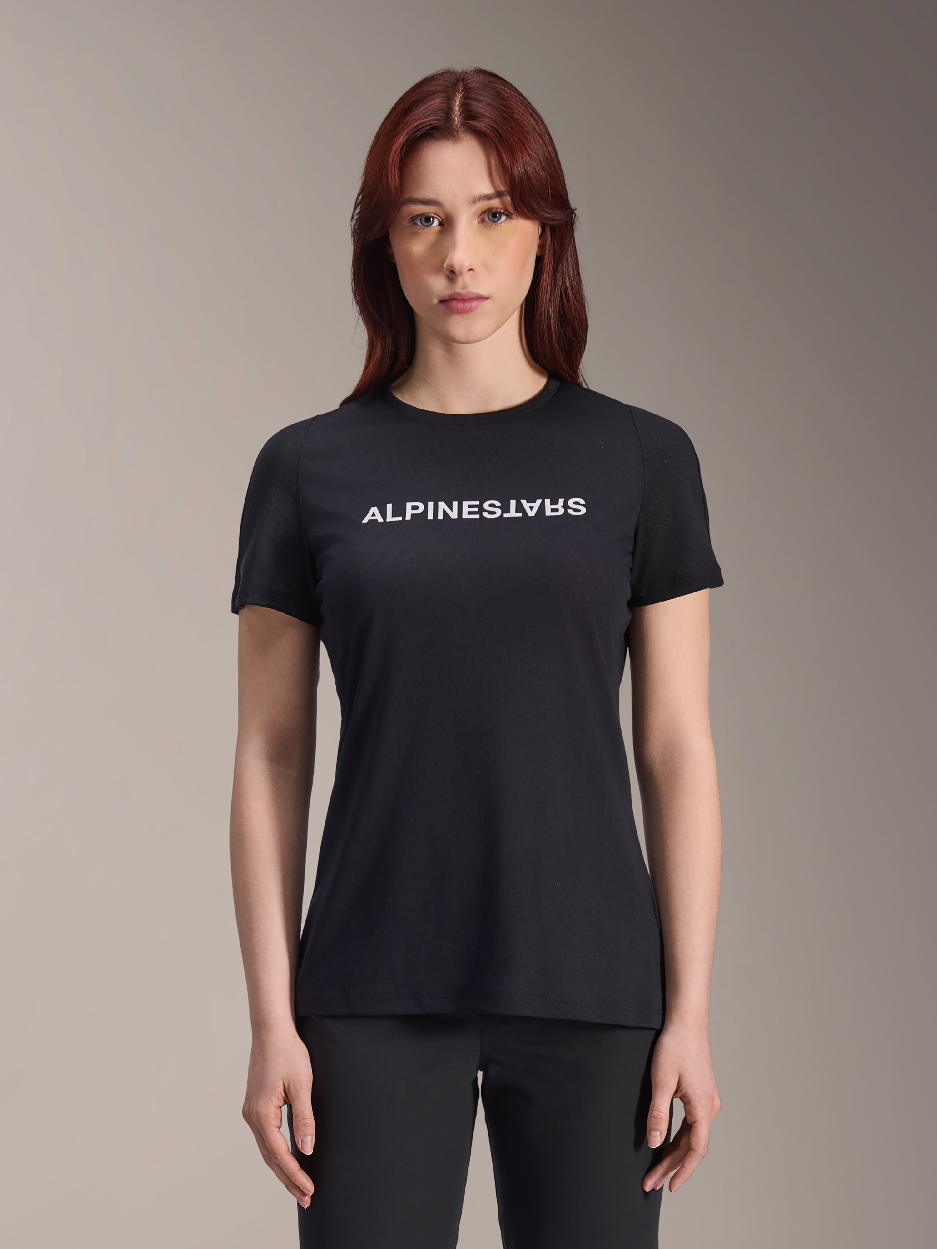 Alpinestars Stella A-Dura Dri Switch Jersey, Women's Short Sleeve MTB Shirt, Black with white Alpinestars chest logo, casual performance fit, technical moisture-wicking fabric for mountain biking