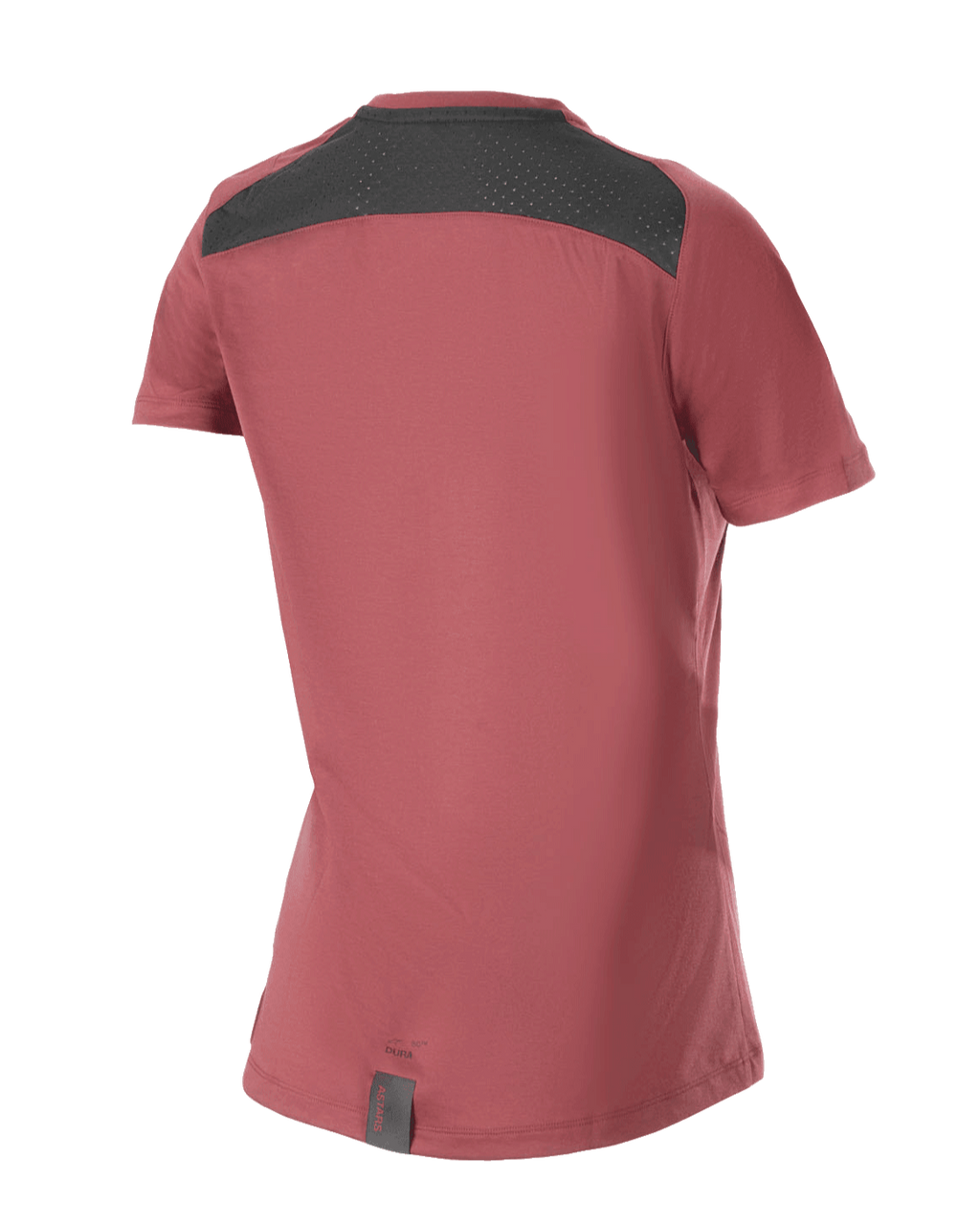 Alpinestars Stella A-Dura Dri Switch trøje til kvinder, kortærmet mountainbike-trøje, vinrød, set bagfra med sort mesh-panel til ventilation og længere drop tail-design