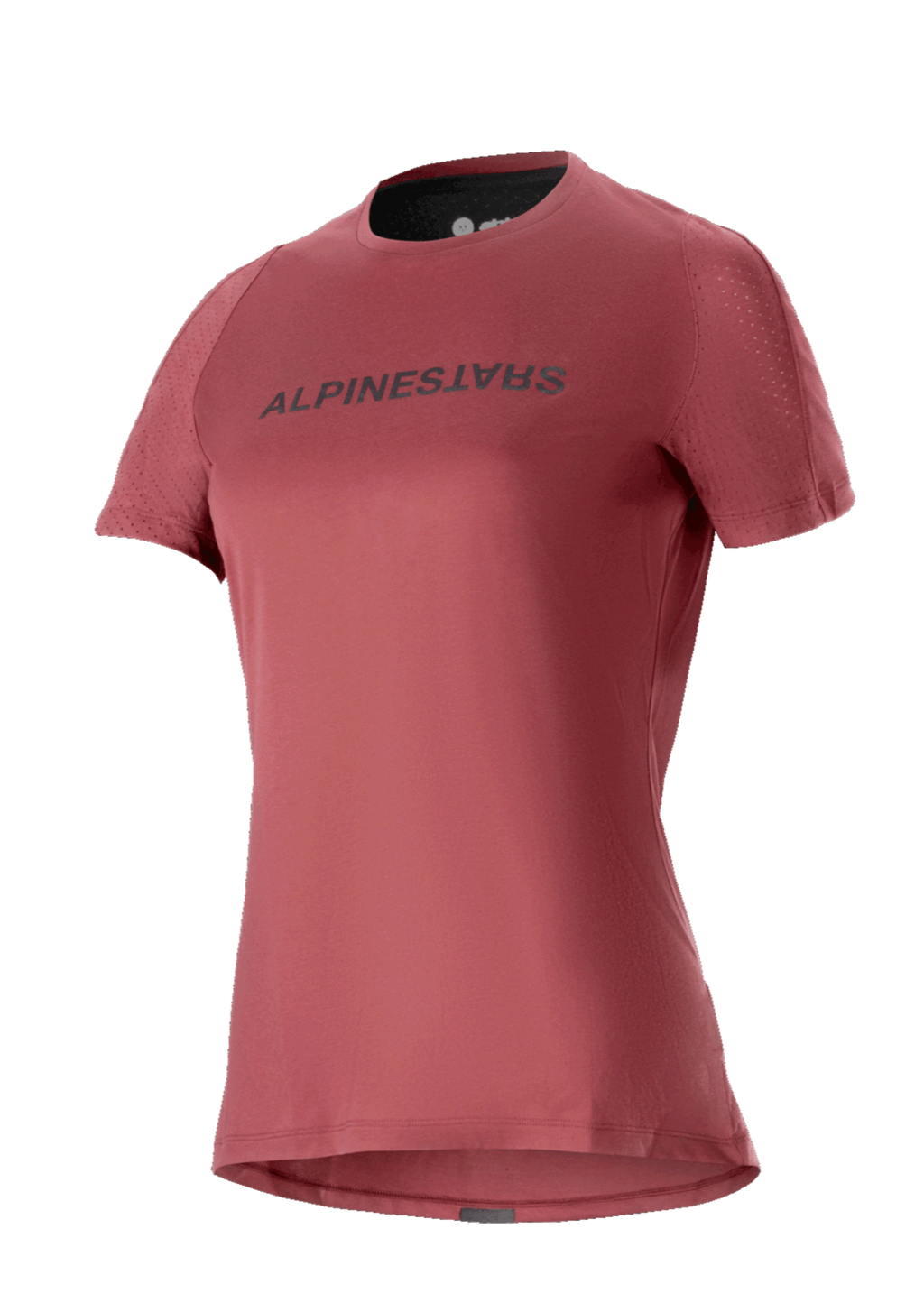 Alpinestars Stella A-Dura Dri Switch trøje til damer, kortærmet MTB-trøje, bordeauxrød med sort logo, perforerede mesh-ærmer for åndbarhed, performance cykelbeklædning