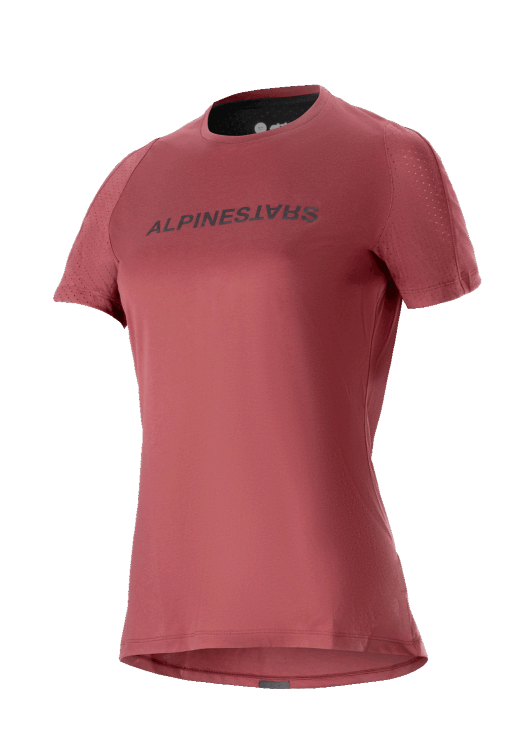 Alpinestars Stella A-Dura Dri Switch trøje til damer, kortærmet MTB-trøje, bordeauxrød med sort logo, perforerede mesh-ærmer for åndbarhed, performance cykelbeklædning