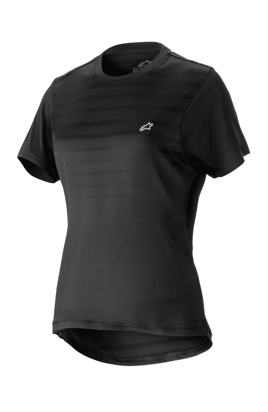Alpinestars Stella Alps Constellation Jersey til damer, kortærmet mountainbike-trøje, sort med diskrete horisontale striber på brystet, lille hvidt logo, rund halsudskæring, forlænget rygstykke for dækning, let og åndbart materiale til MTB