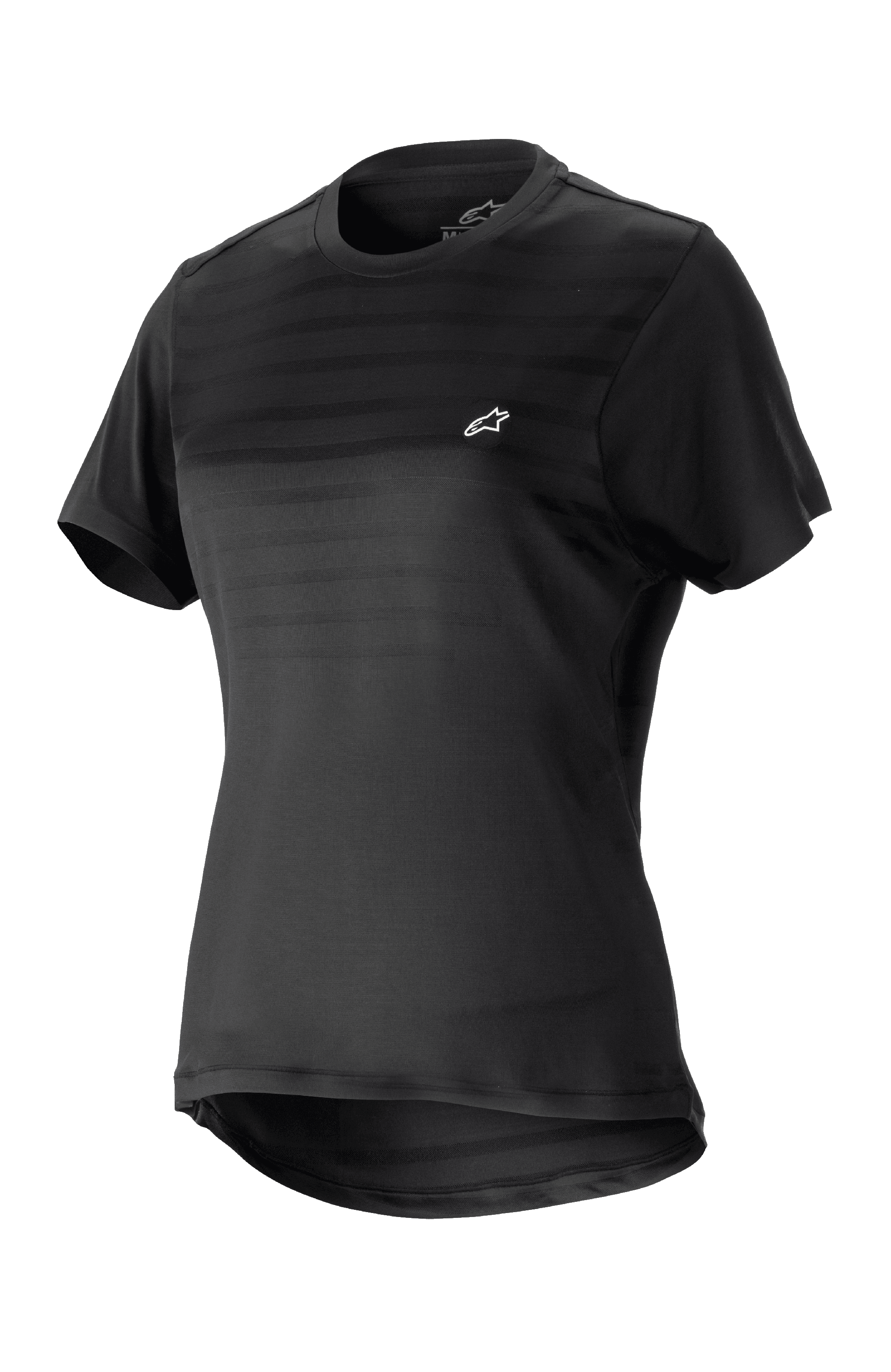 Alpinestars Stella Alps Constellation Jersey til damer, kortærmet mountainbike-trøje, sort med diskrete horisontale striber på brystet, lille hvidt logo, rund halsudskæring, forlænget rygstykke for dækning, let og åndbart materiale til MTB